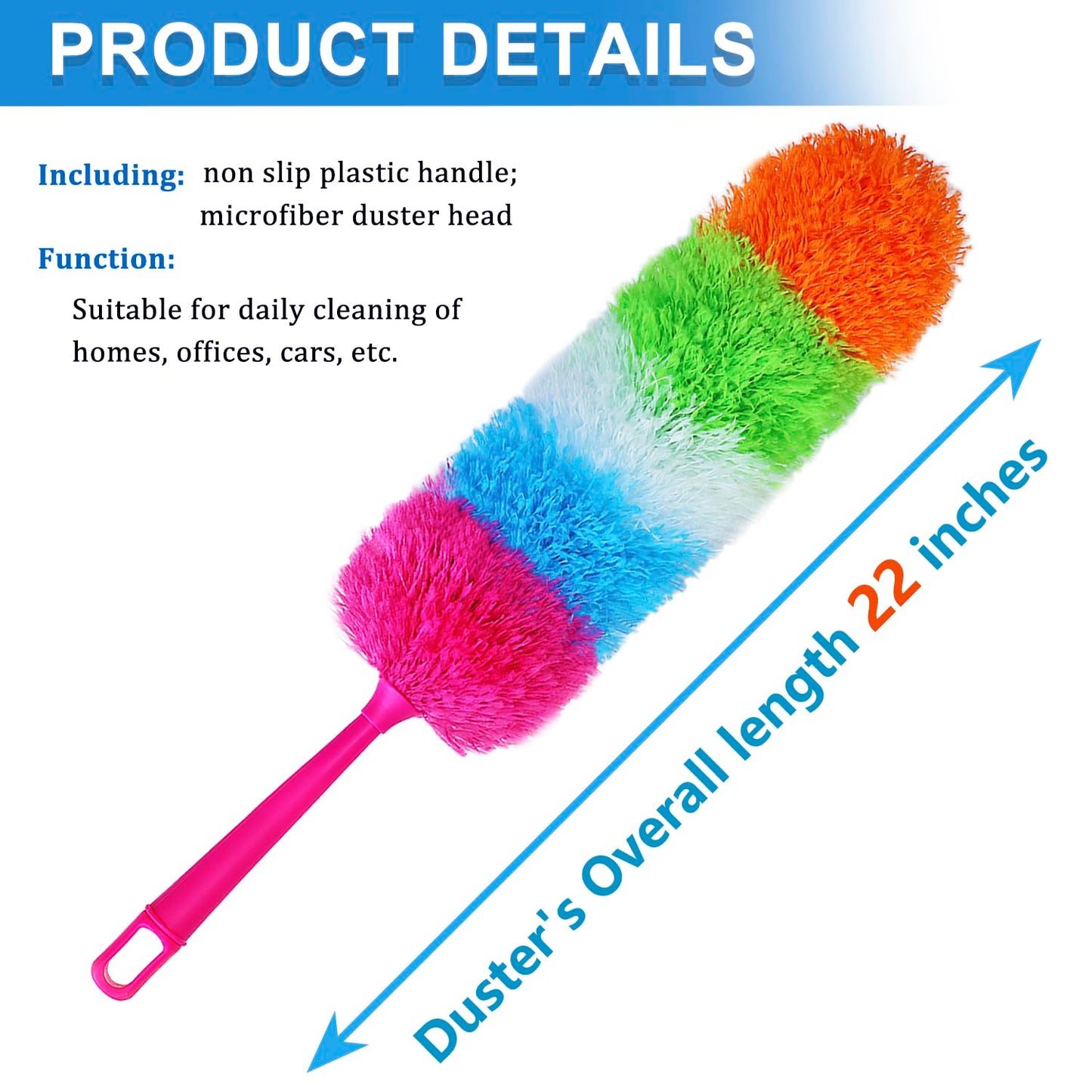 HTOOLPRO 20-Inch Microfiber Hand Duster, Car Interior Detailing Duster, Rainbow Feather Duster for Car, Home, Office Cleaning