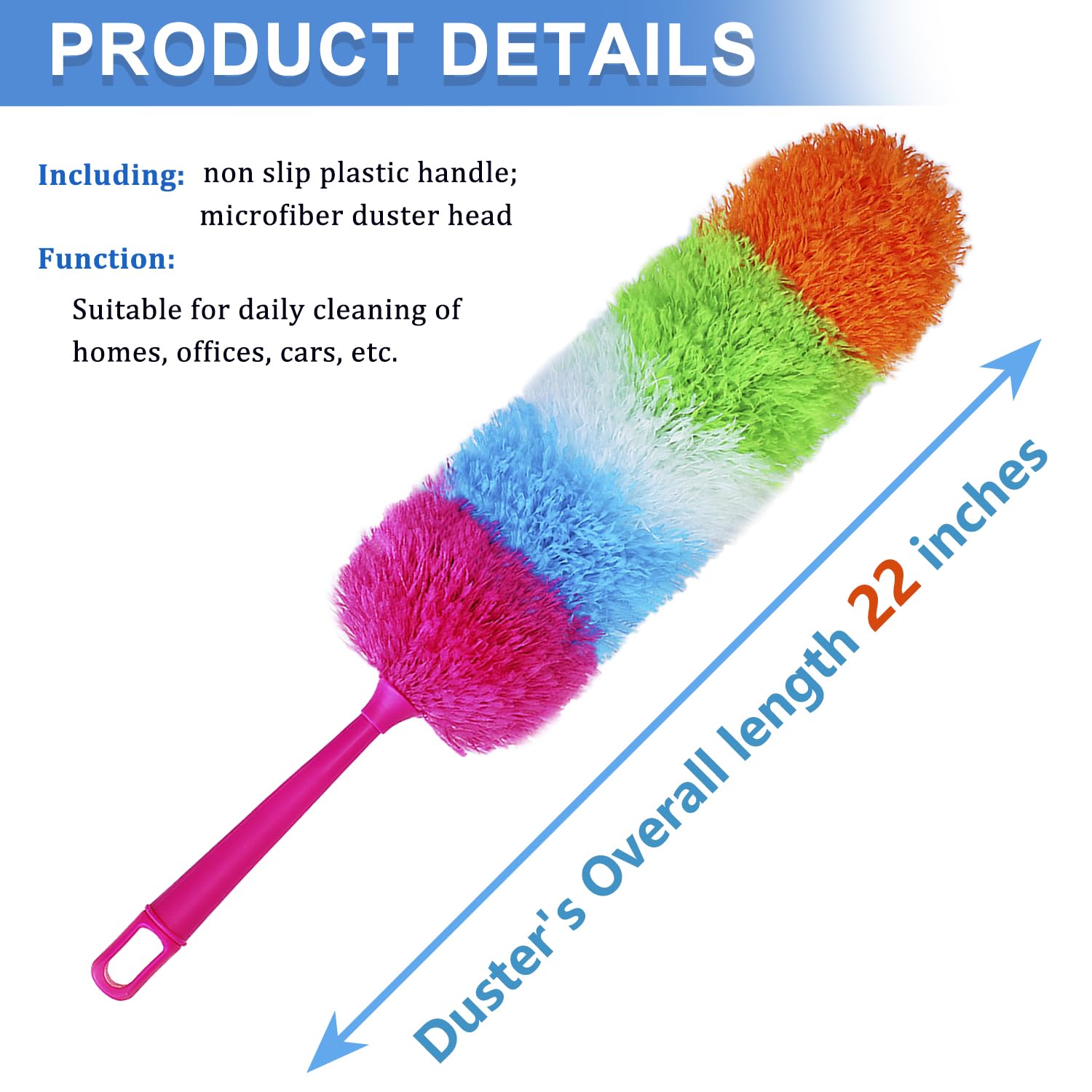 HTOOLPRO 20-Inch Microfiber Hand Duster, Car Interior Detailing Duster, Rainbow Feather Duster for Car, Home, Office Cleaning