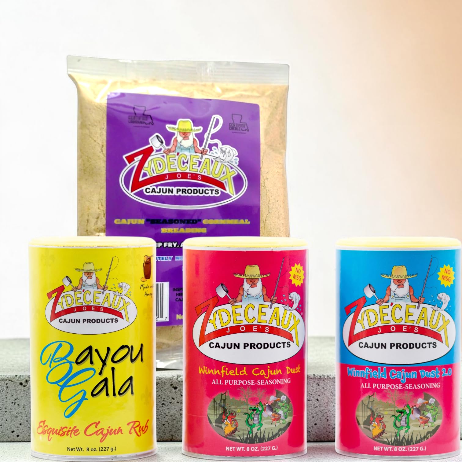 Zyde'ceaux Joe's Cajun Seasoning Bundle, Bayou Gala, Winnfield Cajun Dust 1.0 and 2.0, Premium Fish Fry Breading, 4 Pack