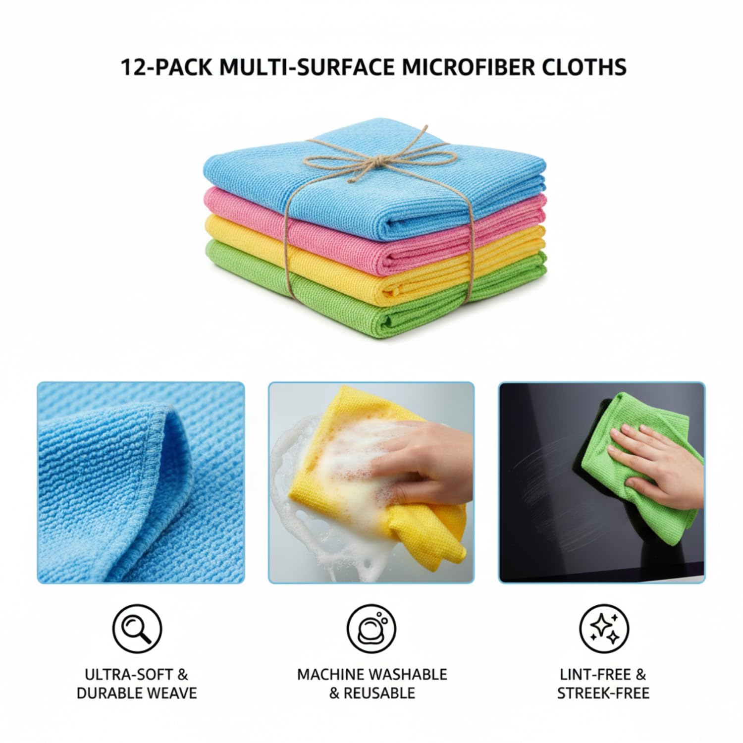 Karn Tools Microfiber Cleaning Cloths | Ultra Absorbent | Lint Free | Streak Free | Non-Abrasive | Reusable and Washable | 12" x 12" | Pack of 12