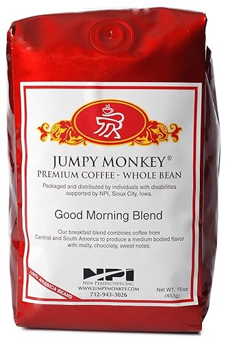 Jumpy Monkey® Coffee Good Morning Blend Whole Bean Coffee, Medium Dark Roast Arabica Coffee, For Cold Brew, French Press, Espresso Machine, 16 Ounce