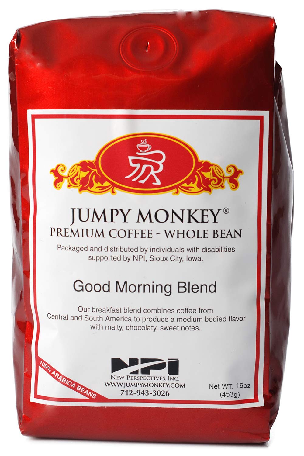 Jumpy Monkey® Coffee Good Morning Blend Whole Bean Coffee, Medium Dark Roast Arabica Coffee, For Cold Brew, French Press, Espresso Machine, 16 Ounce