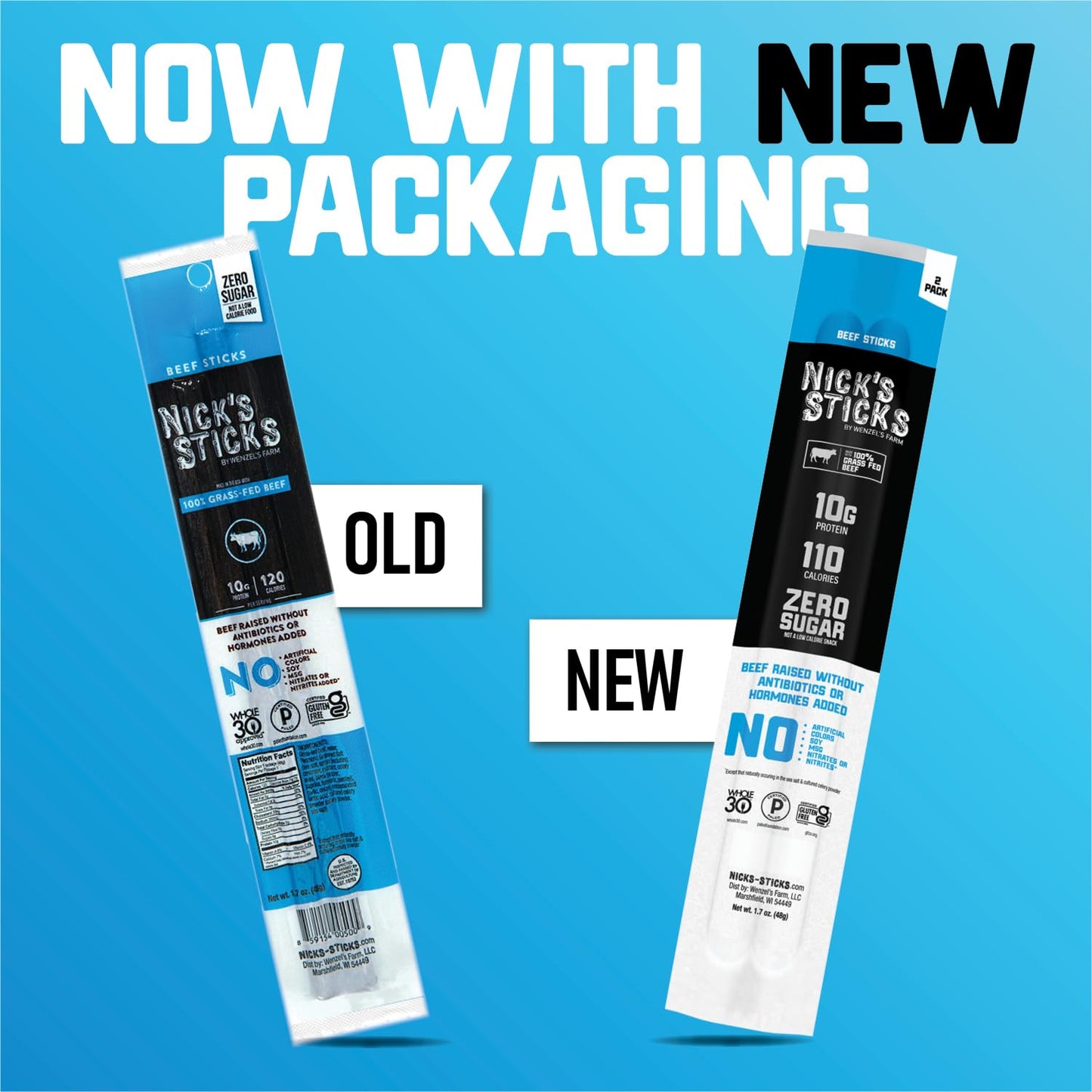 Nick's Sticks Clean & Balanced 100% Grass-Fed Beef Snack Sticks | Made in the USA | Gluten Free | Paleo, Keto, Whole30 Approved | No Soy, Antibiotics