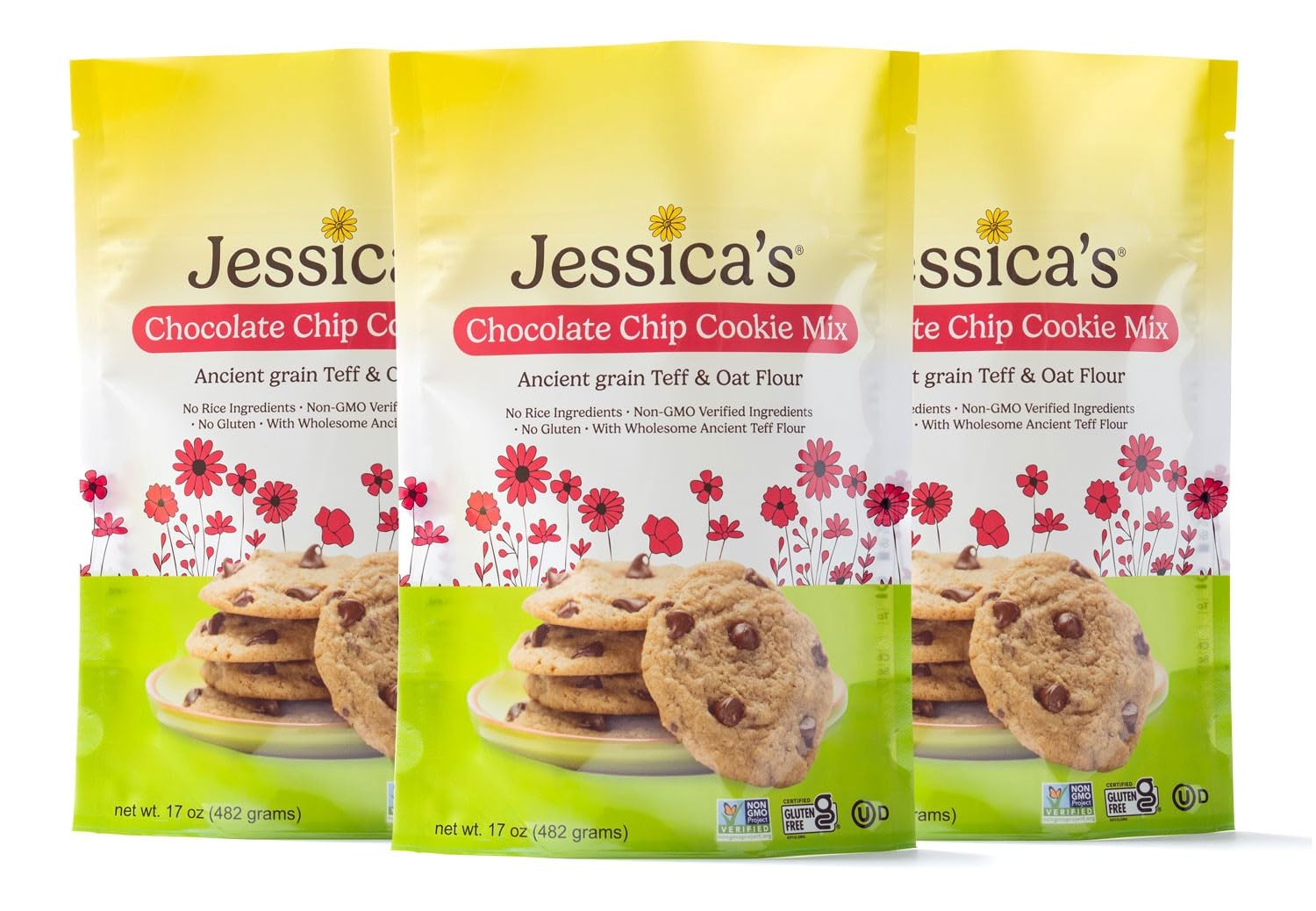 Jessica’s Natural Foods - Gluten-Free Chocolate Chip Cookie Mix Made with the Ancient-Grain Teff and Wholesome Oat Flour, Non-GMO, and Gluten Free, 3 Per Pack