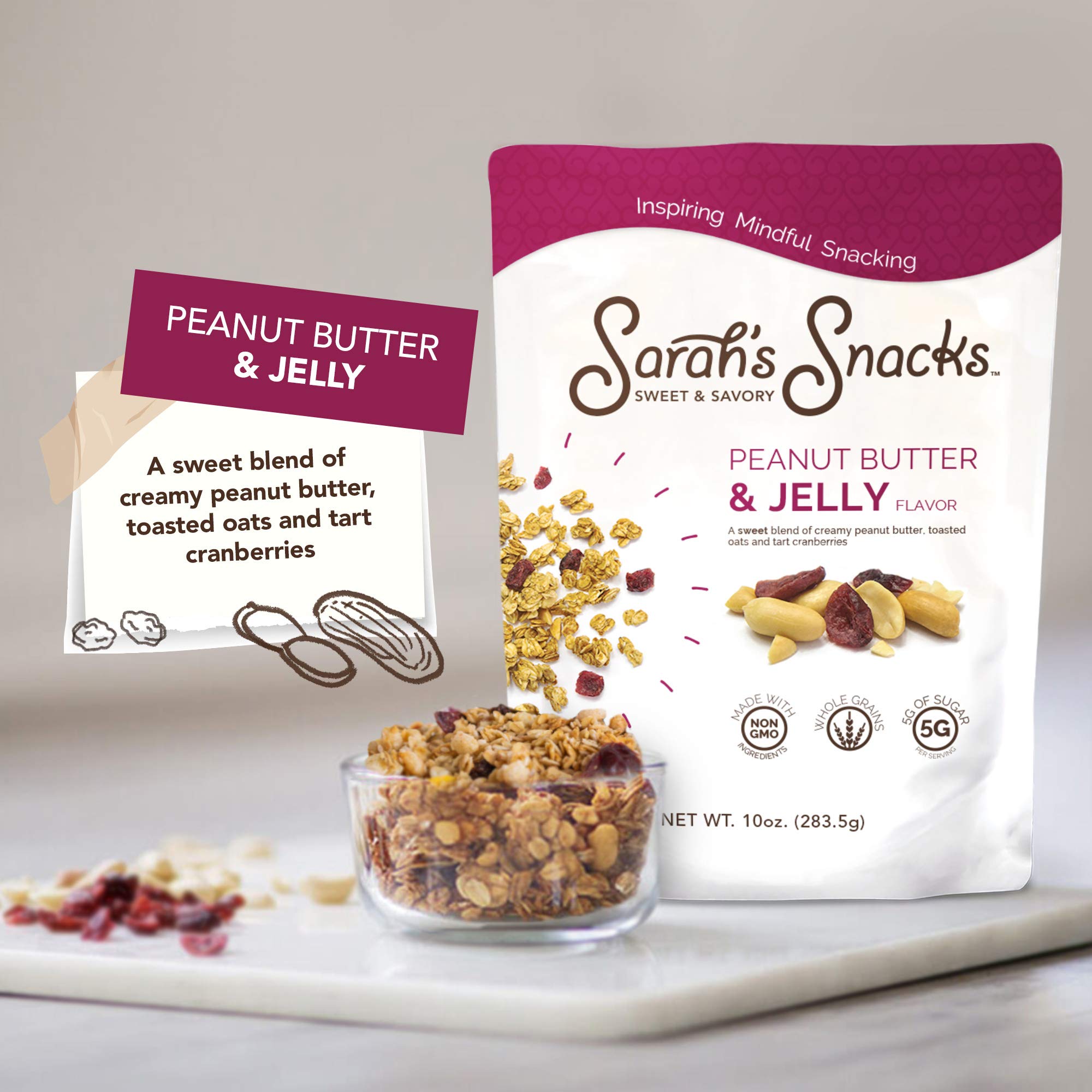 Peanut Butter and Jelly Snack Mix, Low Carb Granola, Non-GMO, Dairy Free, with Whole Grain Oats, Dried Cranberries, and Organic Cinnamon, Granola