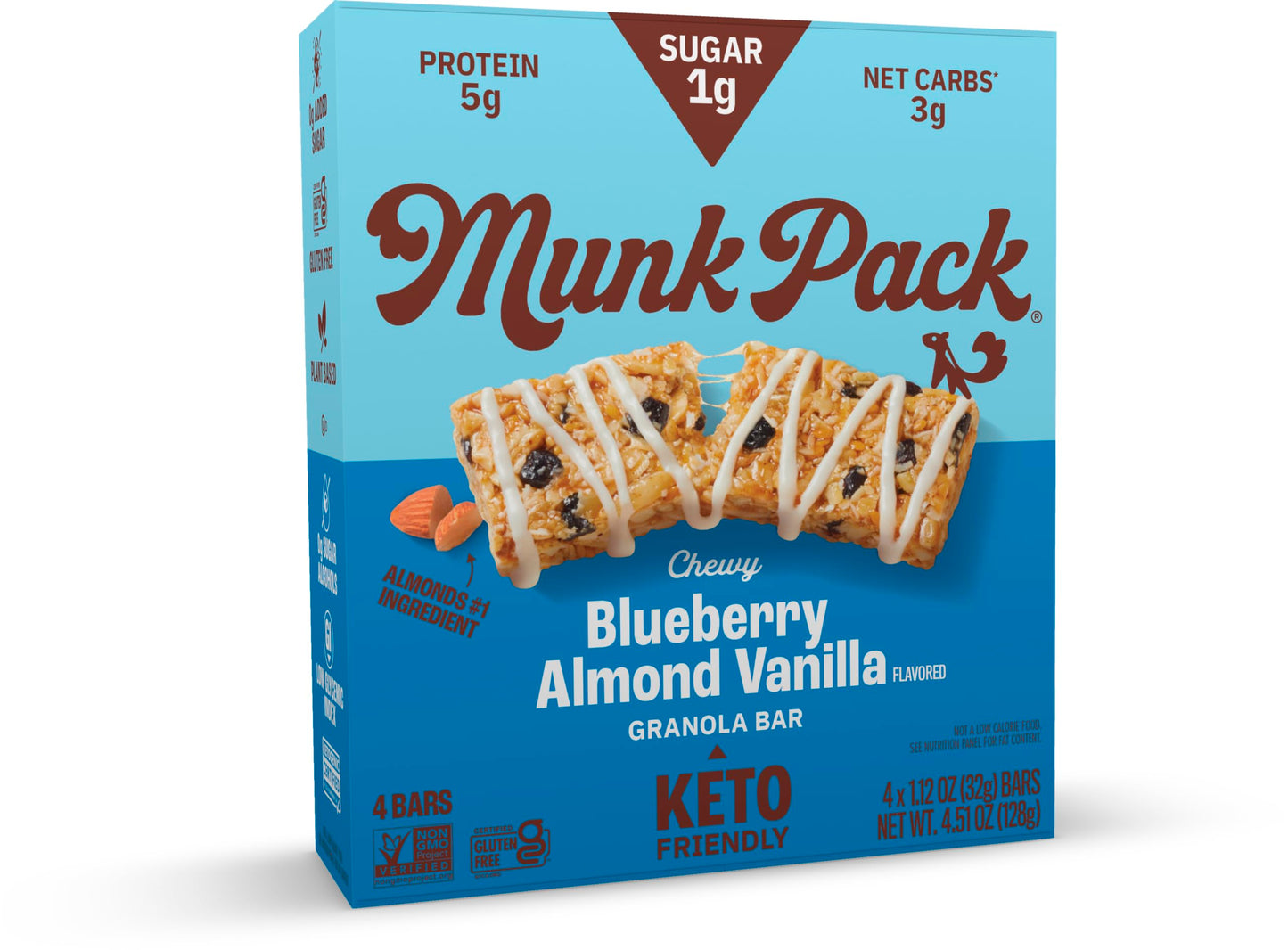 Granola Bar Blueberry Almond Vanilla | Munk Pack Low Carb Keto & Plant Based Snacks | Non-GMO | Low Sugar, Erythritol Free Snack and Breakfast Bars |