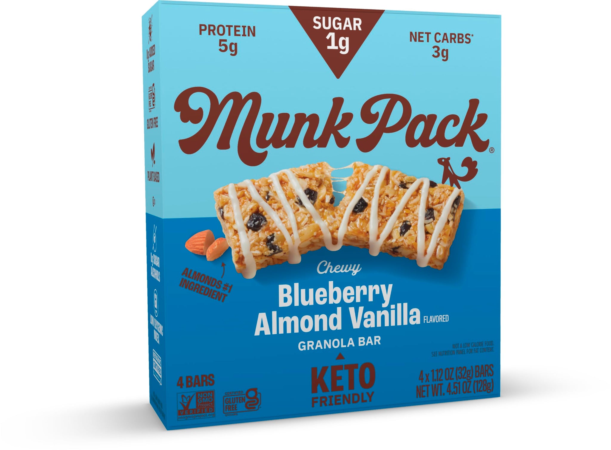 Granola Bar Blueberry Almond Vanilla | Munk Pack Low Carb Keto & Plant Based Snacks | Non-GMO | Low Sugar, Erythritol Free Snack and Breakfast Bars |