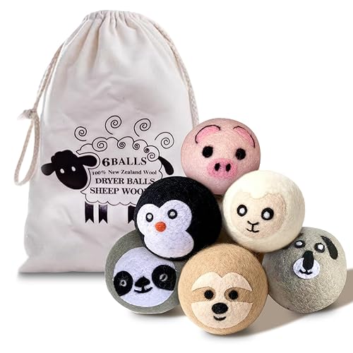 Natural Wool Dryer Balls XL 6-Pack - 100% New Zealand Wool, Reusable Eco-Friendly Fabric Softener, Reduces Wrinkles, Static & Drying Time