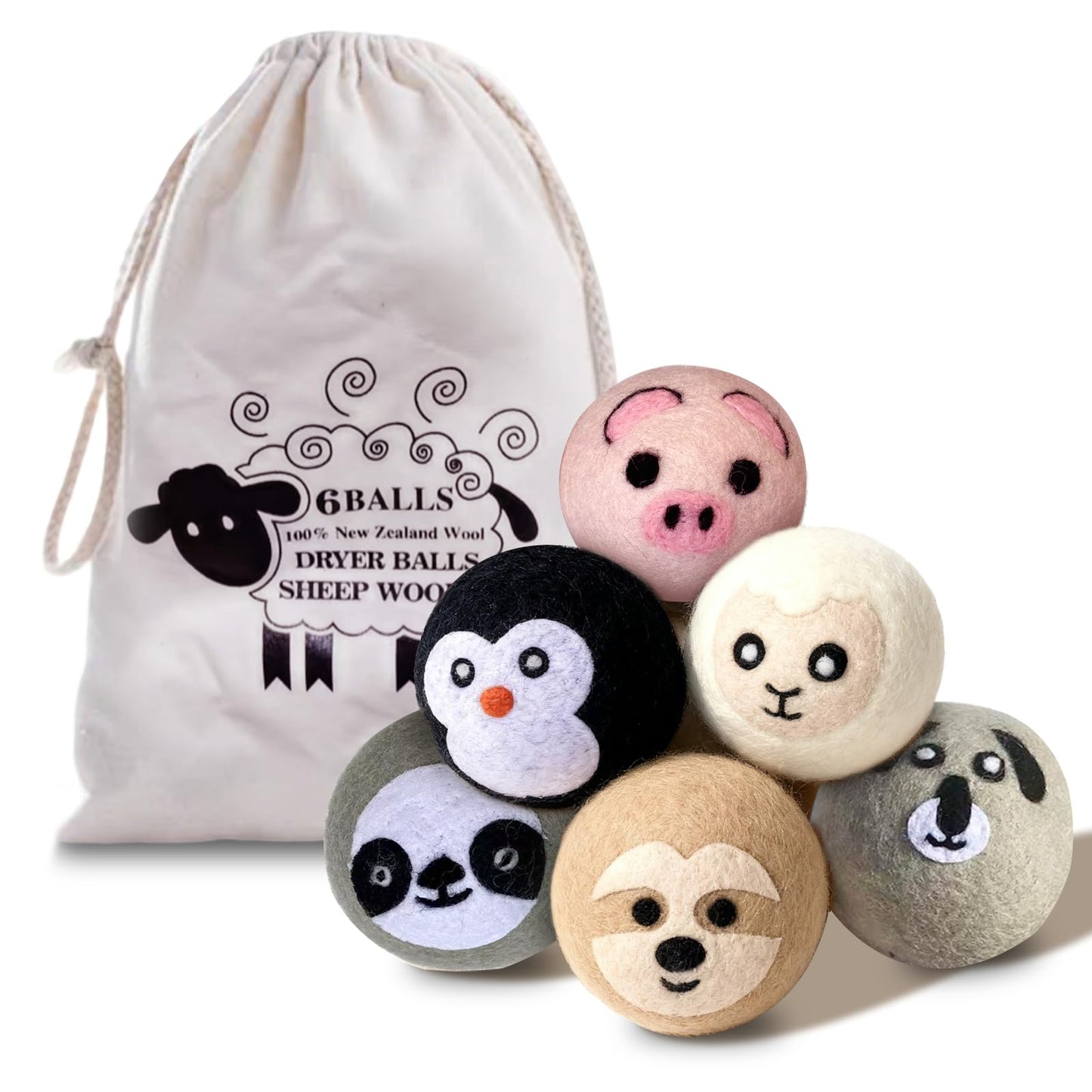 Natural Wool Dryer Balls XL 6-Pack - 100% New Zealand Wool, Reusable Eco-Friendly Fabric Softener, Reduces Wrinkles, Static & Drying Time