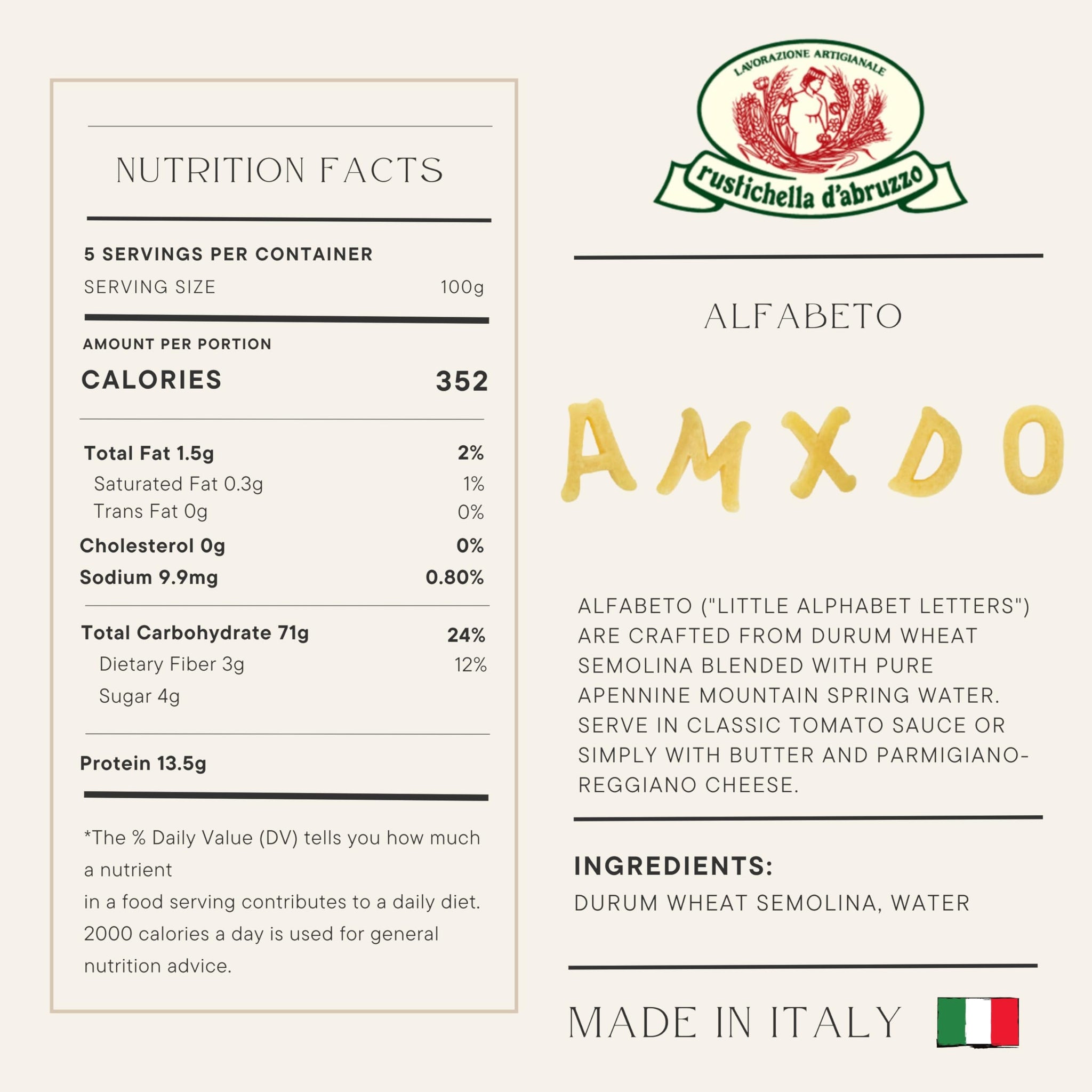 Rustichella D' Abruzzo Alfabeto Durum Wheat in Brown Paper Bag, 1.1 Pound