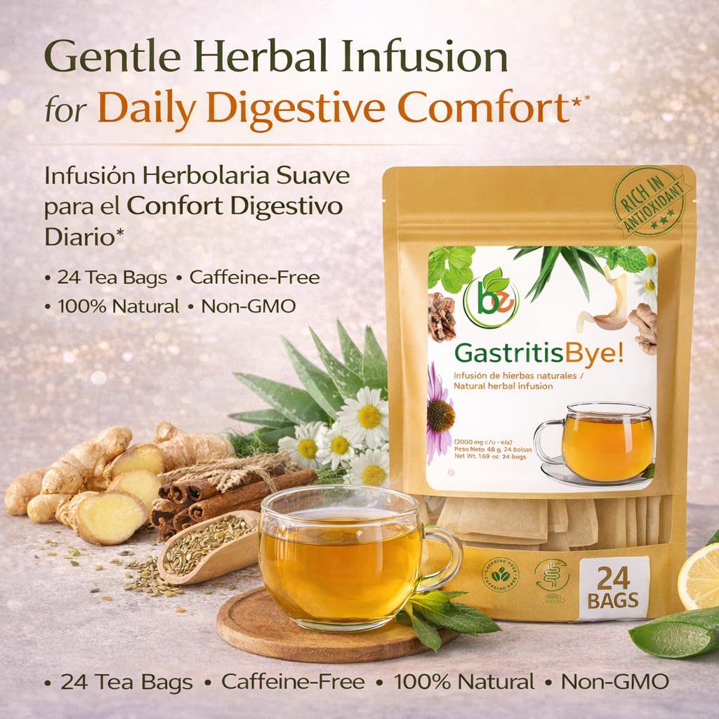 Gastritis-BYE Herbal Tea - Herbal Infusion for Digestive Comfort - 24 Tea Bags - Ginger, Chamomile, Boldo, Aloe Vera, Mint, Arnica & Cuachalalate