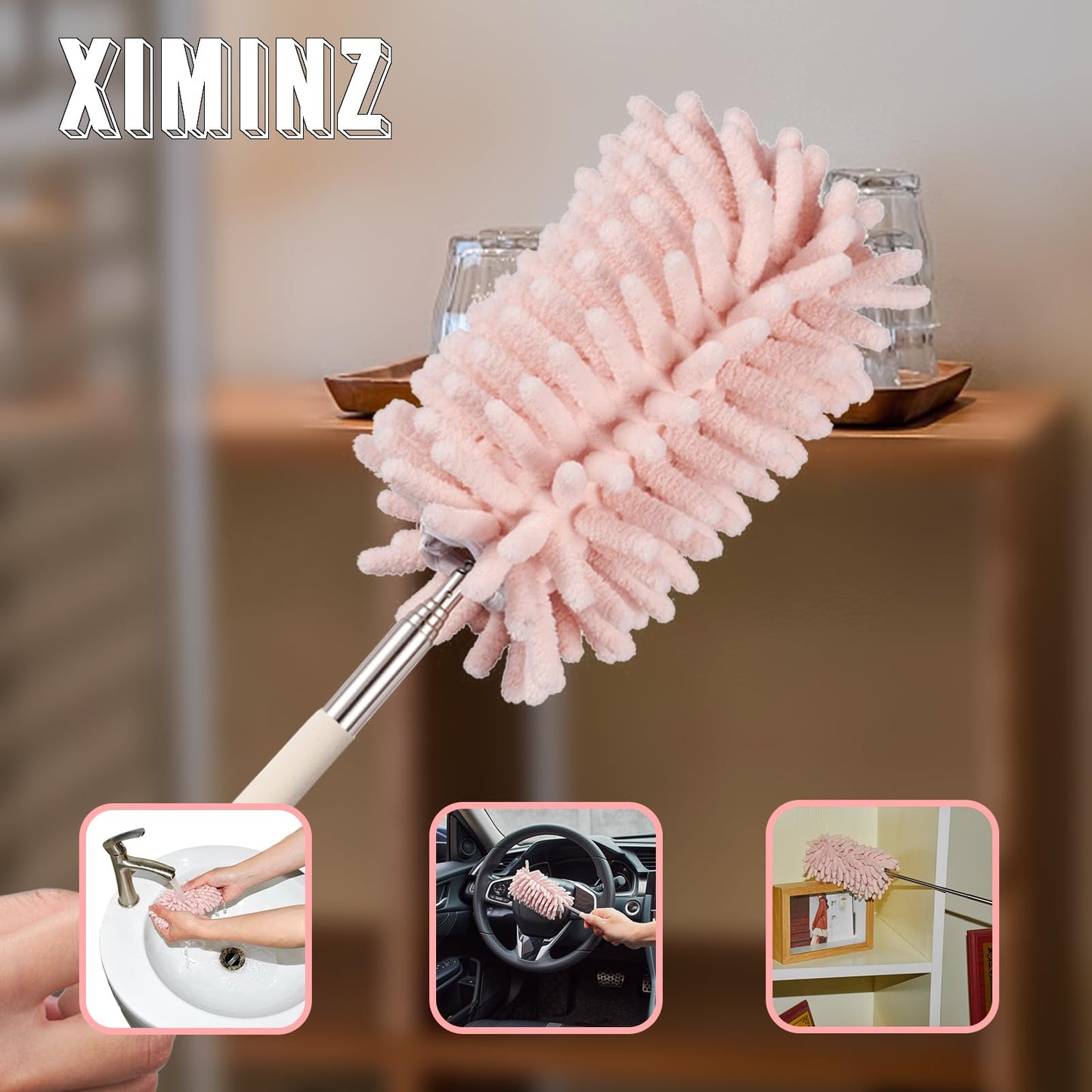 Pink Retractable Microfiber Duster for Cleaning Extendable Washable Hand Duster Feather Duster Cleaning Tool for Cleaning Office, Car, Window