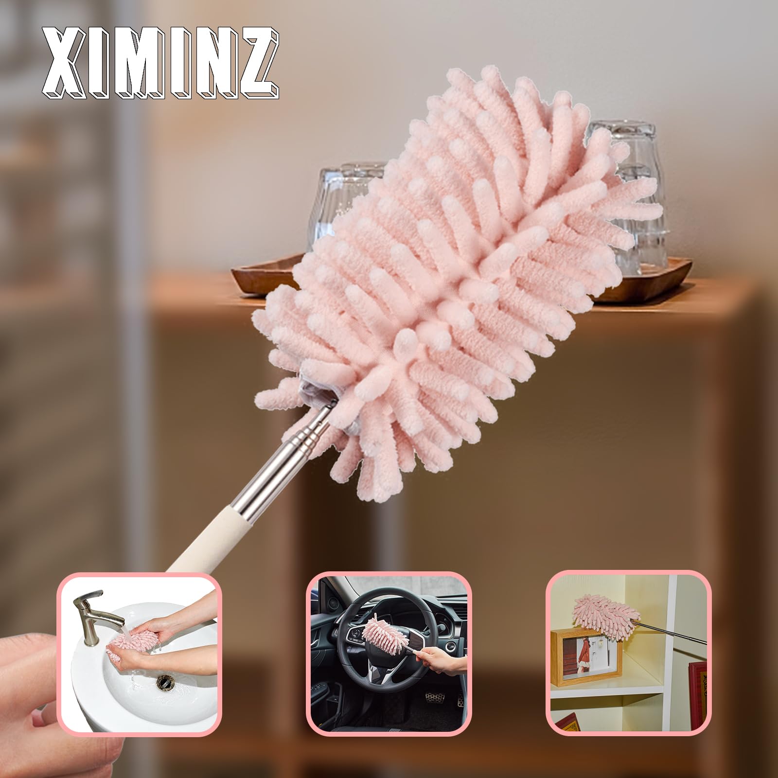 Pink Retractable Microfiber Duster for Cleaning Extendable Washable Hand Duster Feather Duster Cleaning Tool for Cleaning Office, Car, Window