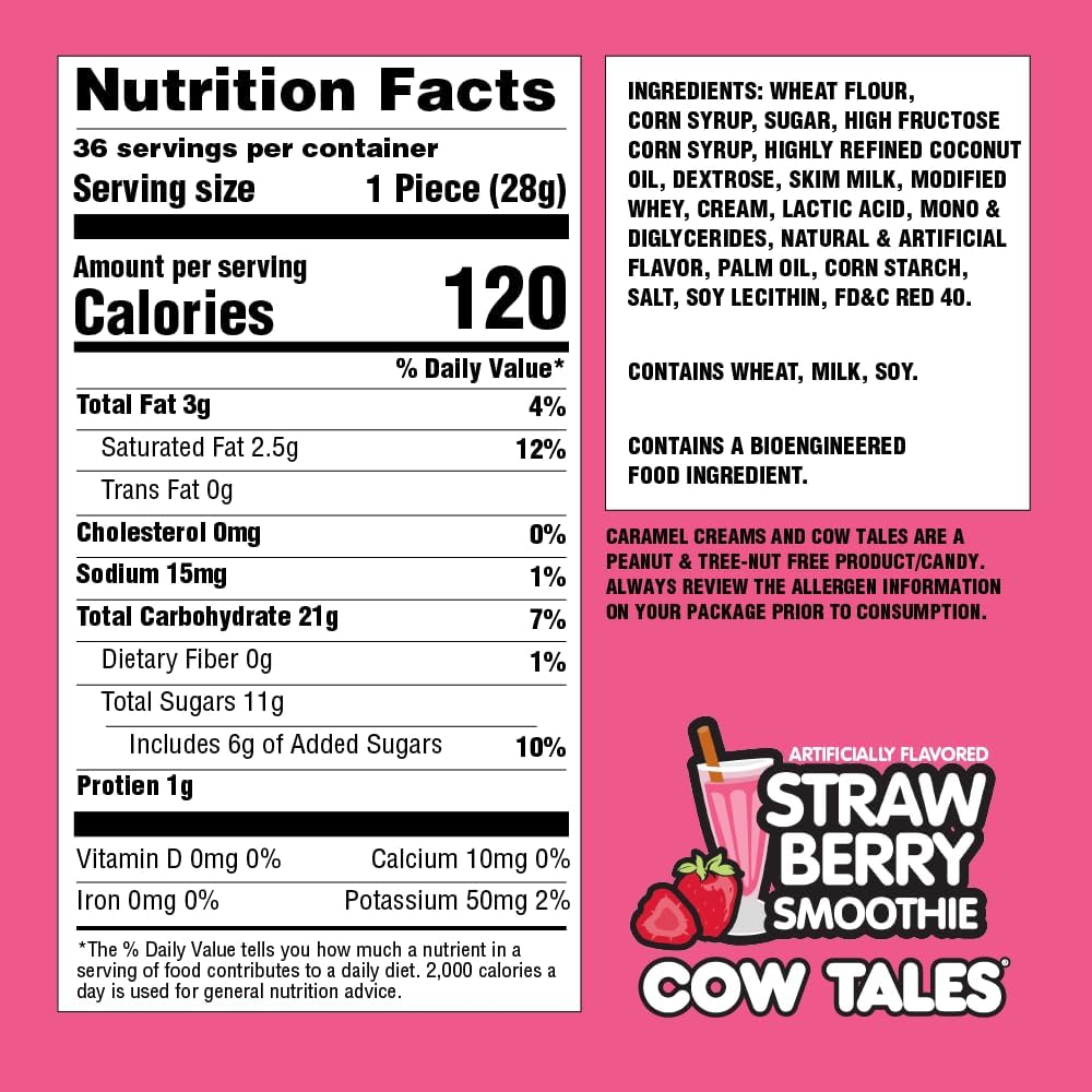 Goetze's Candy Strawberry Smoothie Cow Tales - 2.25 Pound Canister (36 Ounces) - Fresh from the Factory