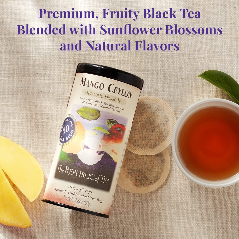 The Republic of Tea Mango Ceylon Metabolic Frolic Tea, 50 Count, Gourmet Gluten-Free Black Tea