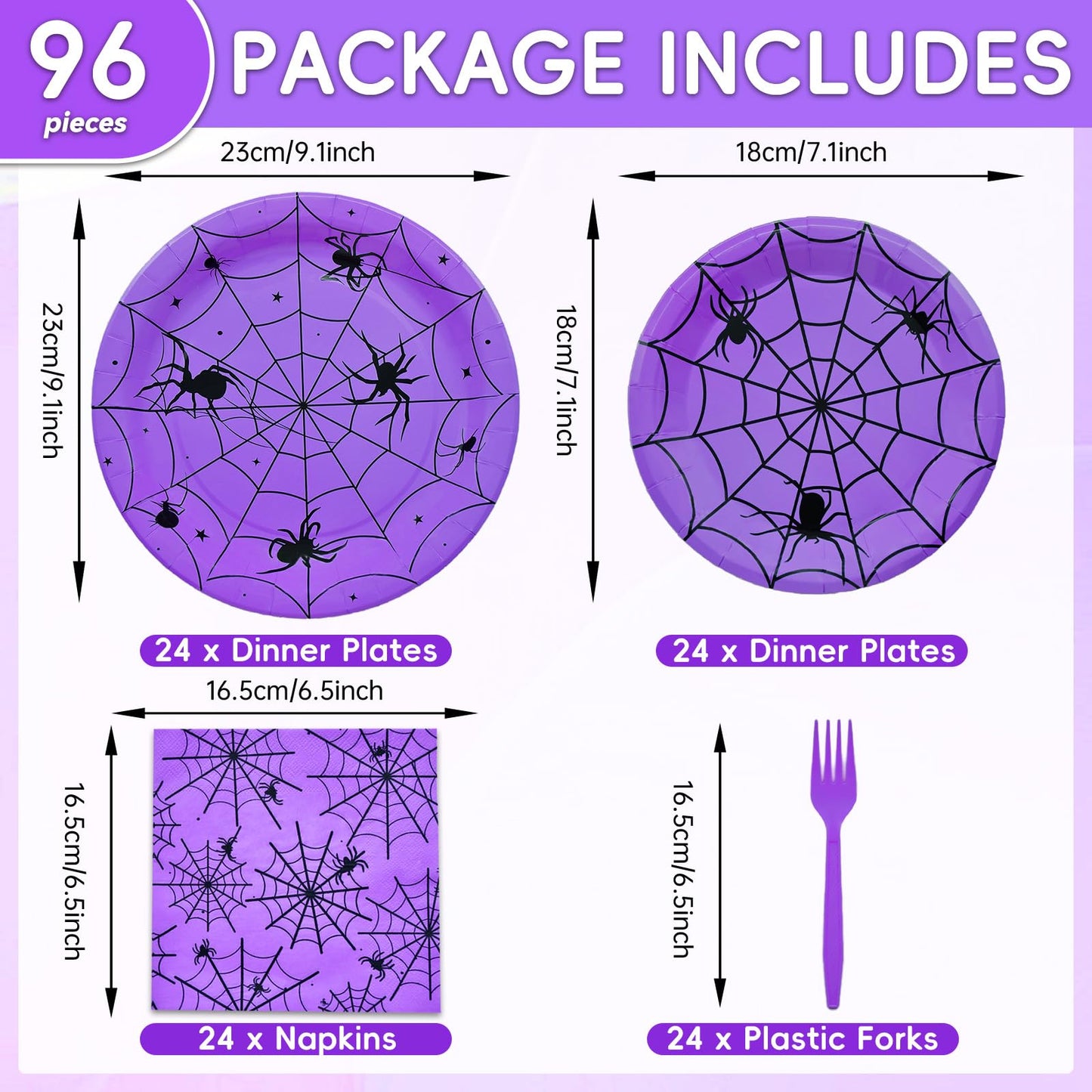 96 Pieces Halloween Spider Web Tableware Party Supplies - Disposable Dinnerware Set with Paper Plates, Napkins, and Forks for Spooky Halloween Party