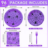 96 Pieces Halloween Spider Web Tableware Party Supplies - Disposable Dinnerware Set with Paper Plates, Napkins, and Forks for Spooky Halloween Party