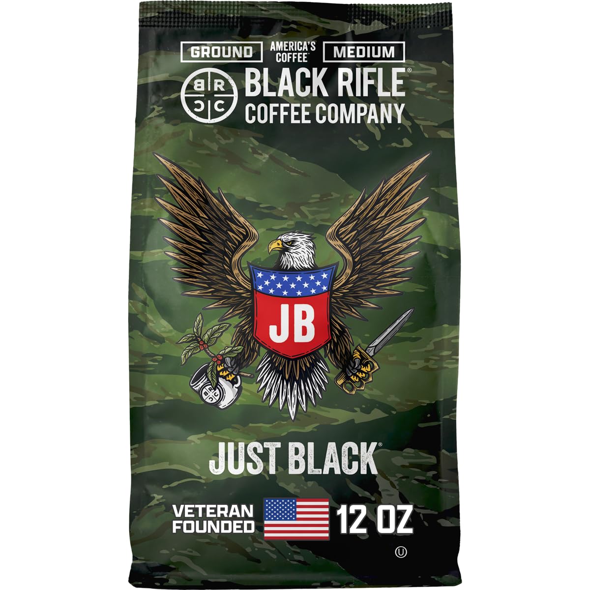 Black Rifle Coffee Company Just Black, 12oz Bag, Ground Coffee Medium Roast - Roasted Blend Made from Arabica Beans - Colombian & Brazilian Beans