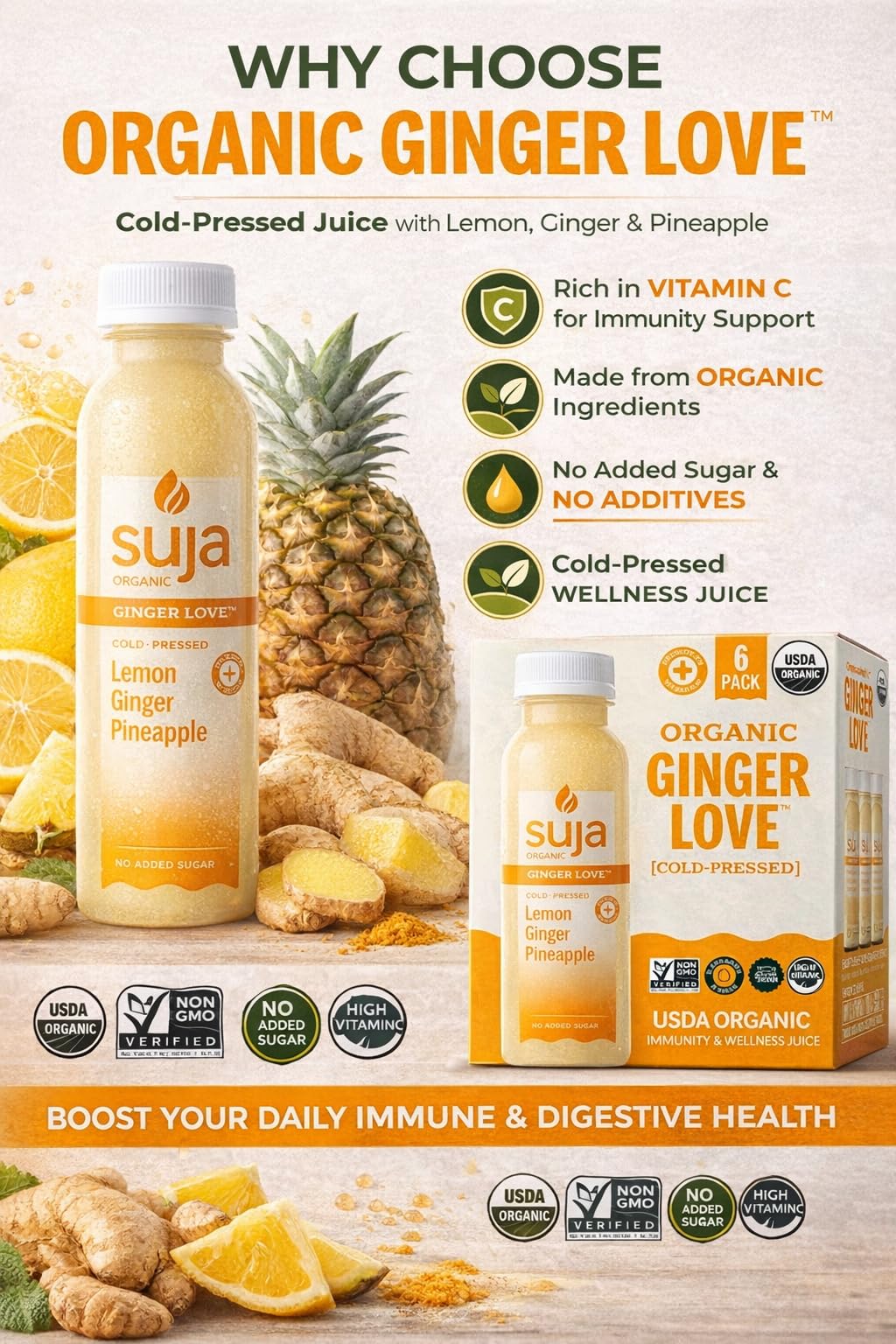 Suja Organic Cold-Pressed Ginger Juice - Lemon Pineapple Immunity Blend, No Added Sugar, Vitamin C, Vegan USDA Certified, 6 Pack (10.5 Fl Oz Each)