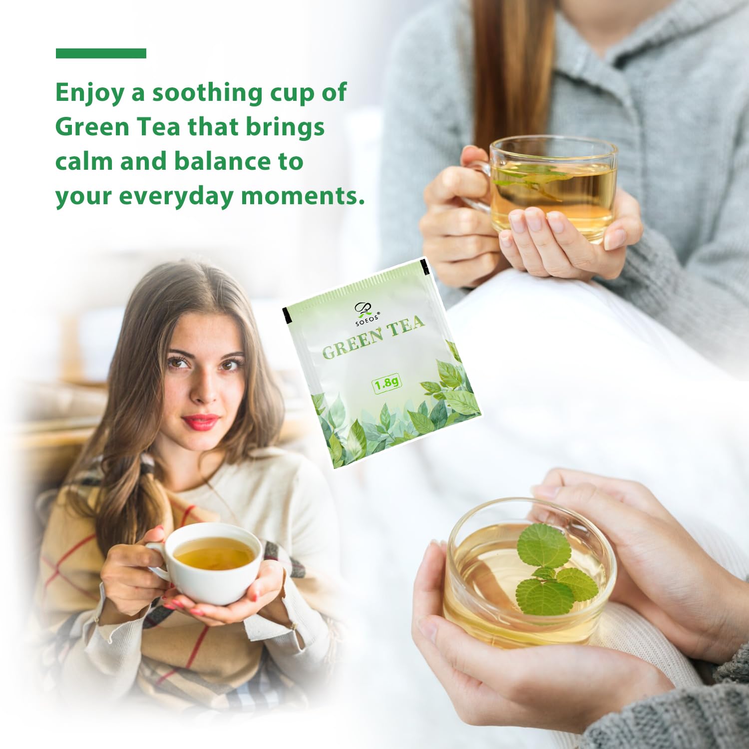 Soeos Green Tea, 6.3 oz (180g), 100 Tea Bags, Refreshing and Fragrant, Sustainably Sourced, Ideal for Hot or Iced Tea, Long-Lasting Freshness