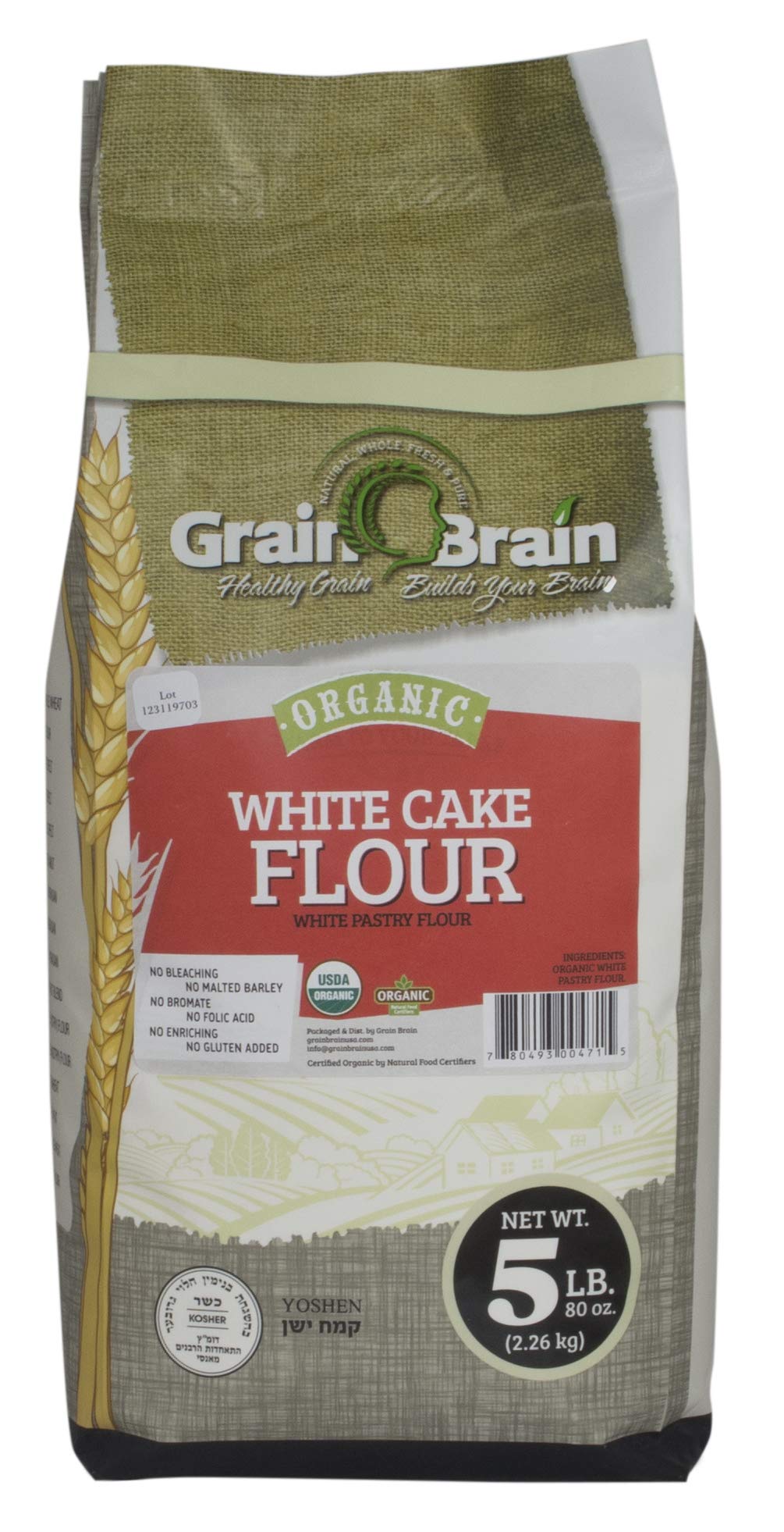 Grain Brain Organic White Cake Flour (5 lb) Pastry Flour,Unbleached, NO potassium Bromate