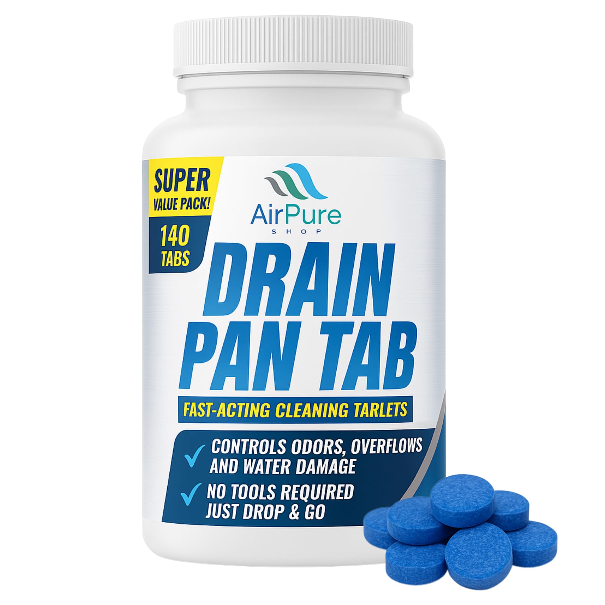 Air Pure Drain Pan Tabs - 140 Flow Treatment Tablets for HVAC & AC Condensate Pan Treatment | Prevents Overflow, Cleans Drain Lines, & Eliminates