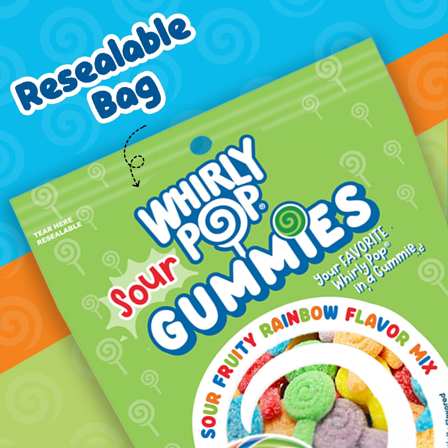Whirly Pop Sour Gummies Candy - 7.5oz Resealable Bag (Pack of 1) - Lollipop Shape Rainbow Sour Gummy Candy with Mixed Fruit Flavors - Ideal Snack