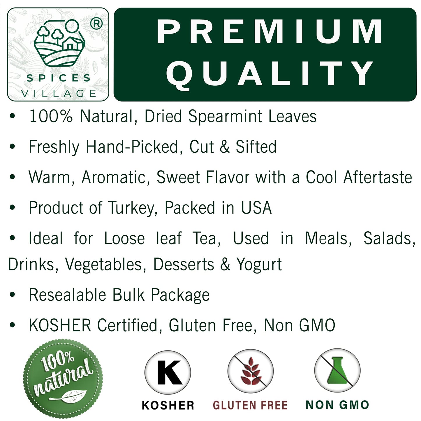 Spices Village Dried Mint for Cooking, Mint Spice Great for Loose Leaf Tea, 2 oz, Dried Mint Seasoning,- Kosher, Gluten Free, Non GMO, Resealable Bulk