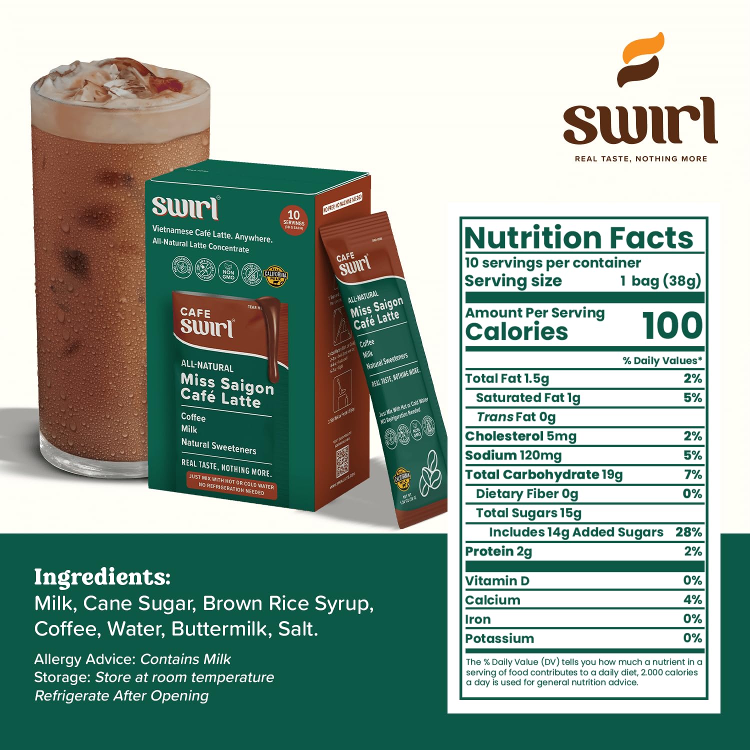 Swirl - Miss Saigon Cafe Latte - Vietnamese Inspired Espresso, Milk Blend, Single Serve, Smooth, Sweet, Balanced, No Fridge - 38g per pack 10 packets