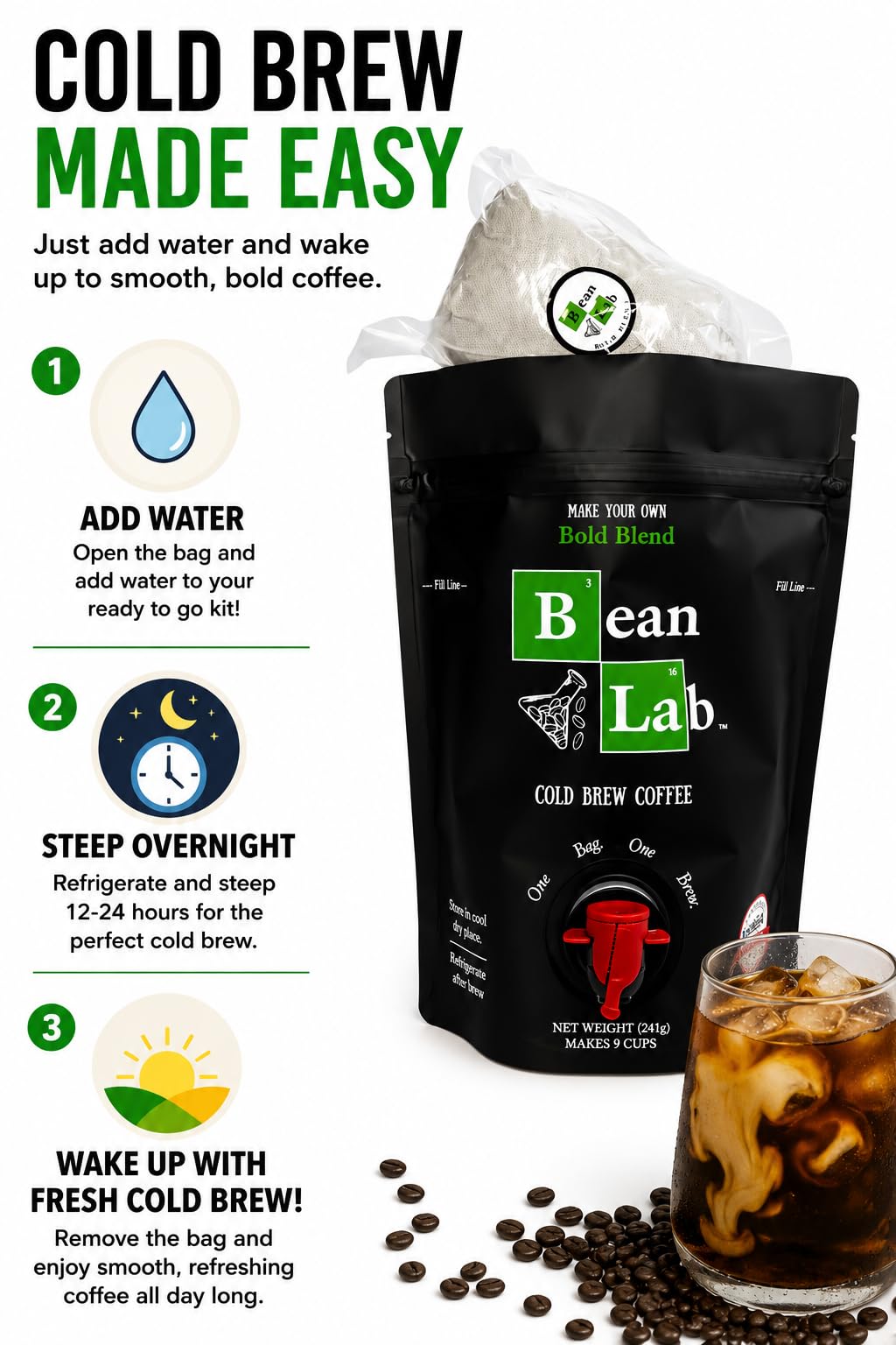 Bean Lab Cold Brew Coffee - Bold Blend - Brew Bag - Coarse Ground Coffee - Smooth Low-Acid Coffee - Reusable Brew System - 100% Arabica - Medium Roast