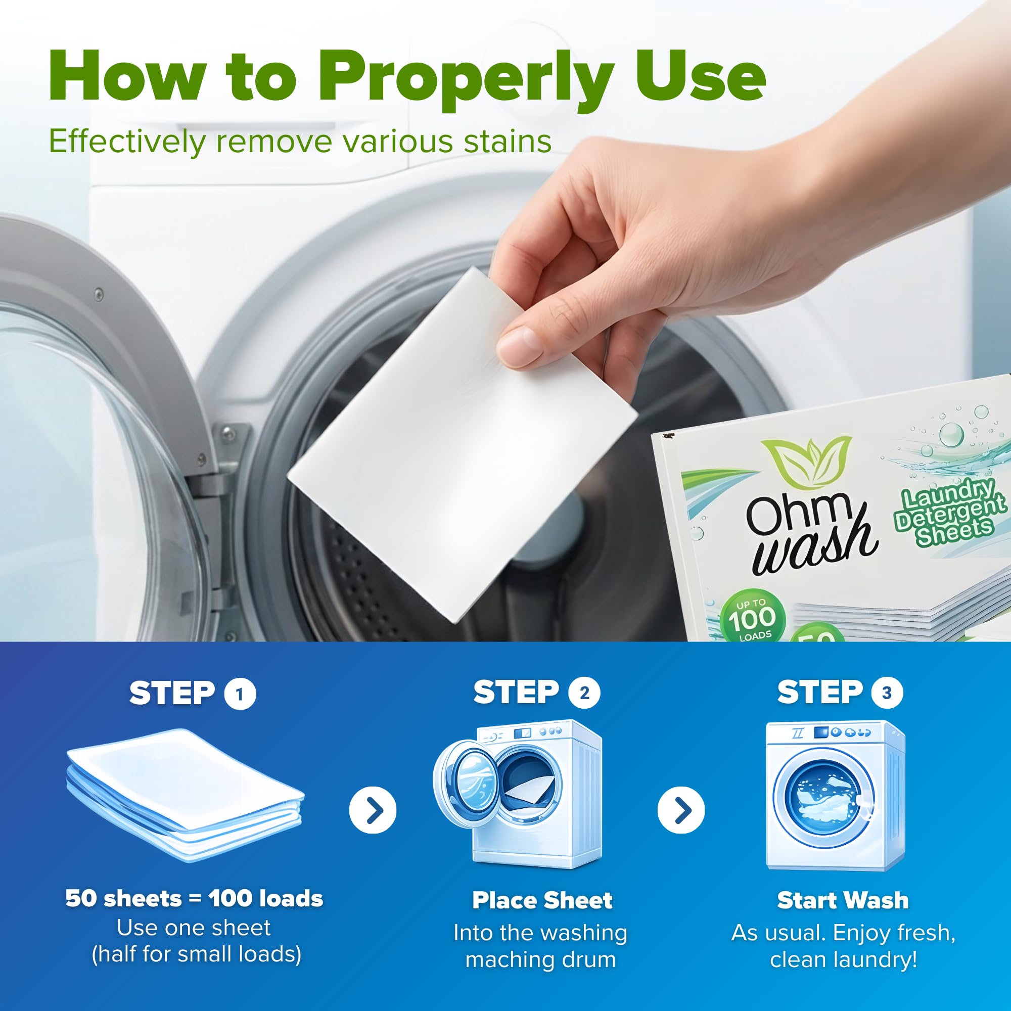 Ohm Earth’s Wash Laundry Detergent Sheets Hypoallergenic & Dye-Free Liquidless Detergent, Fast Dissolving Concentrated Strips Ideal for Sensitive