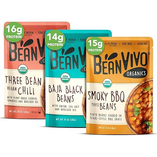 BeanVIVO - Variety 3 Pack (10 oz each) - Organic Baja Black Beans, Three Bean Vegan Chili, BBQ Pinto Beans - Seasoned & Ready to Eat, Plant Protein