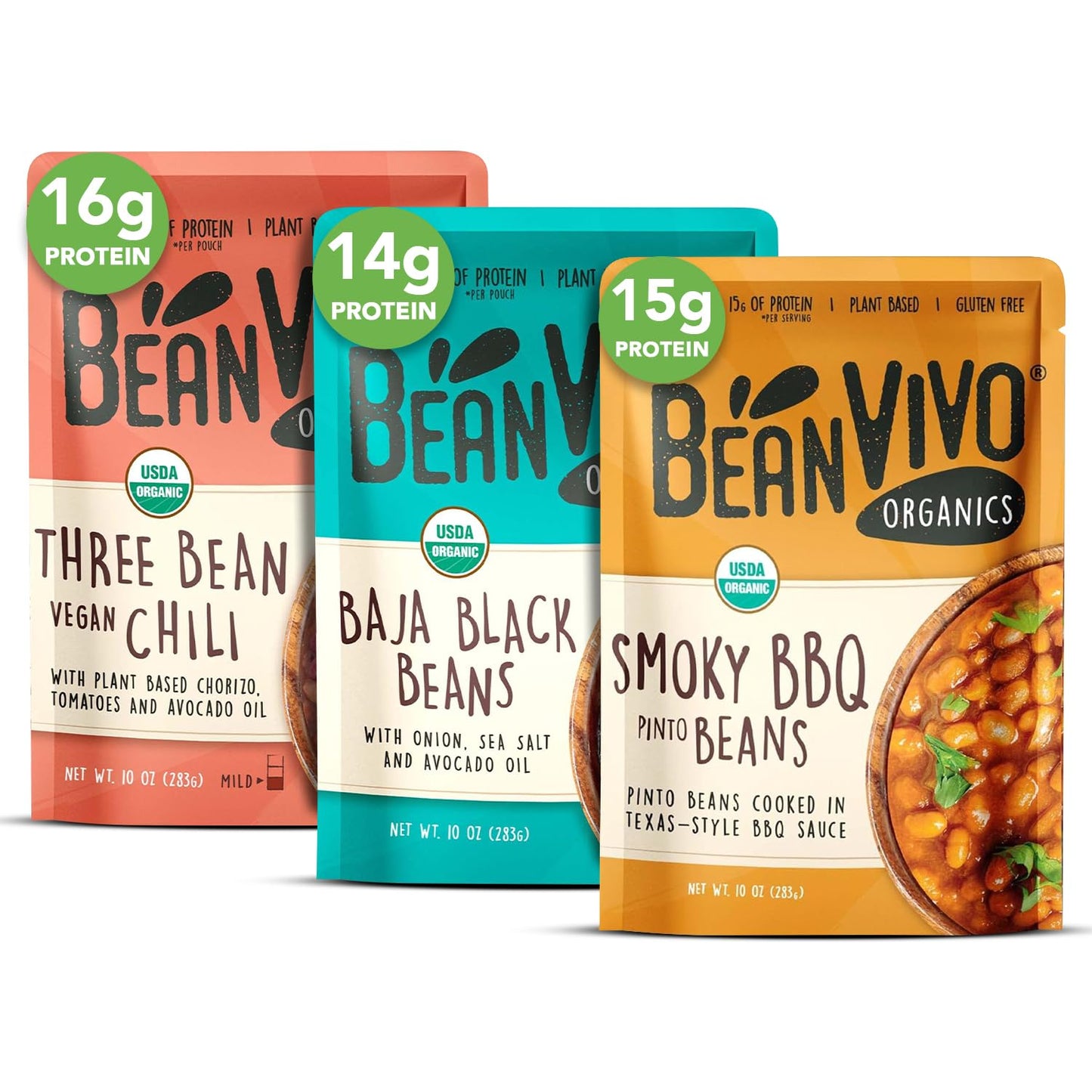 BeanVIVO - Variety 3 Pack (10 oz each) - Organic Baja Black Beans, Three Bean Vegan Chili, BBQ Pinto Beans - Seasoned & Ready to Eat, Plant Protein