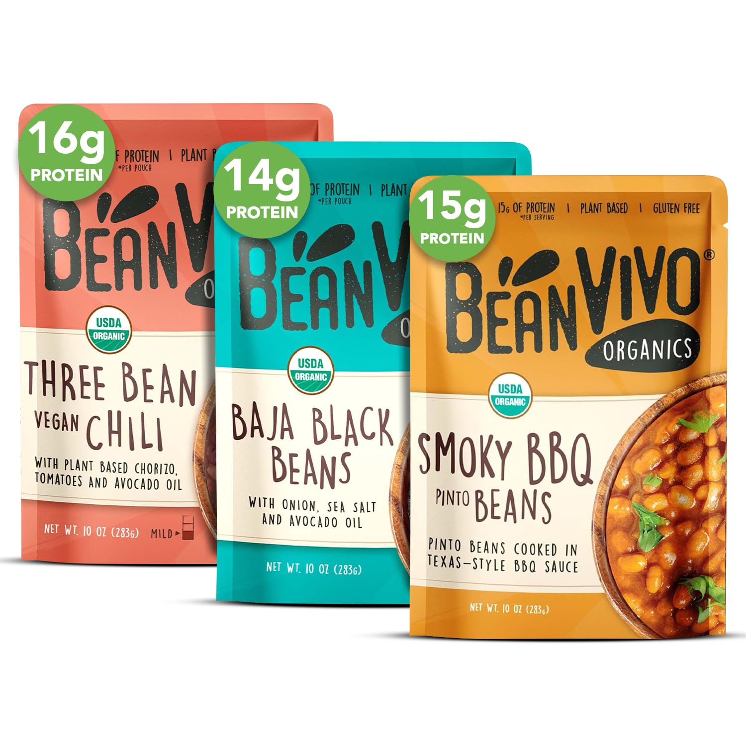 BeanVIVO - Variety 3 Pack (10 oz each) - Organic Baja Black Beans, Three Bean Vegan Chili, BBQ Pinto Beans - Seasoned & Ready to Eat, Plant Protein