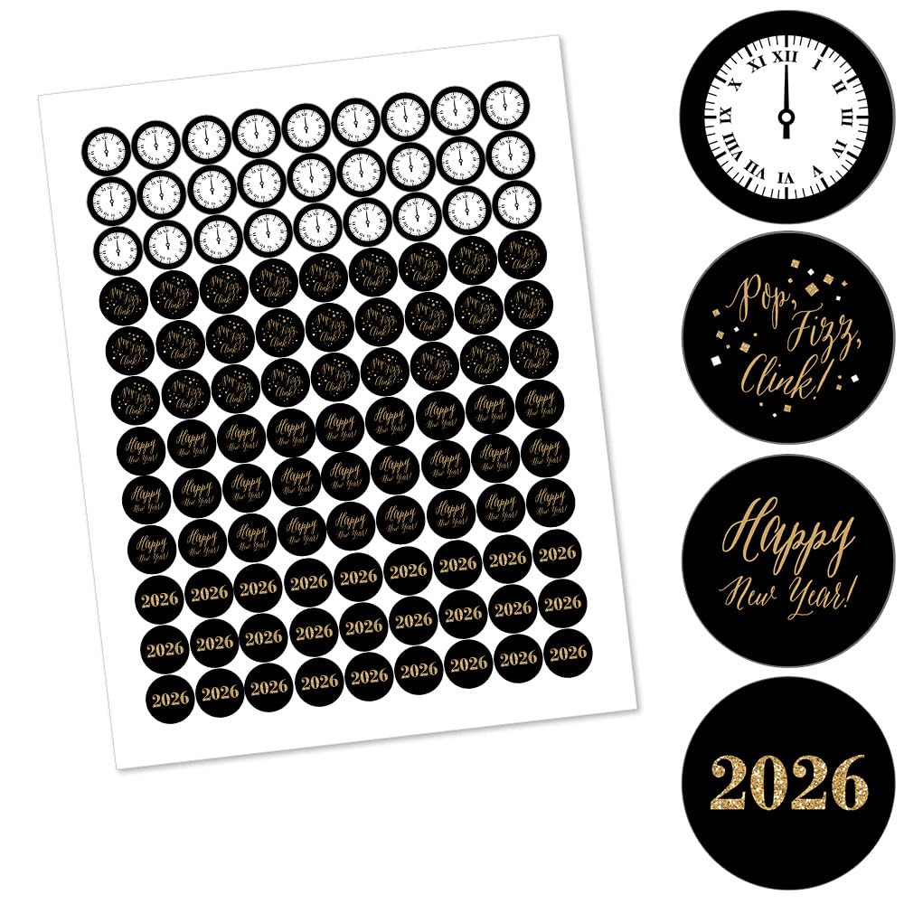 Big Dot of Happiness New Year's Eve - Gold - 2026 New Years Eve Party Round Candy Sticker Favors - Labels Fit Chocolate Candy (1 Sheet of 108)