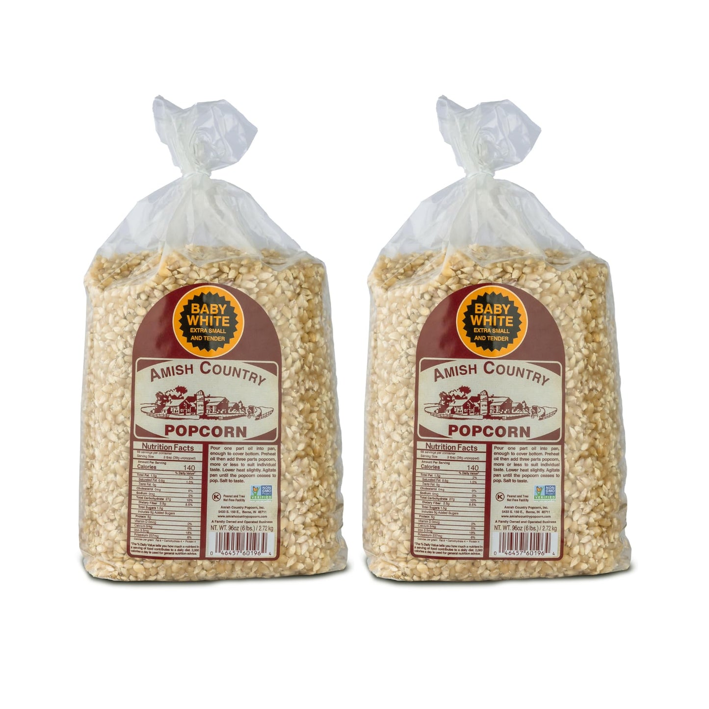 Amish Country Popcorn | 2-6 lb Bags | Baby White Popcorn Kernels | Old Fashioned, Non-GMO and Gluten Free (2-6lb Bags)