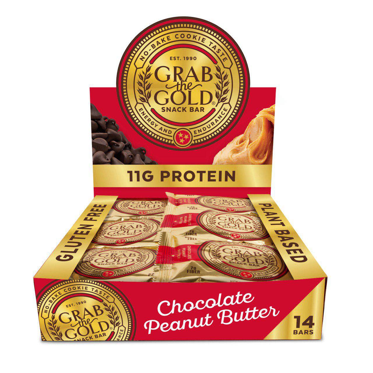 Grab The Gold Chocolate Peanut Butter Protein Snack Bars | 11g Plant-Based Protein, Organic Oats, Gluten-Free, Vegan, Dairy-Free, Kosher, High-Fiber