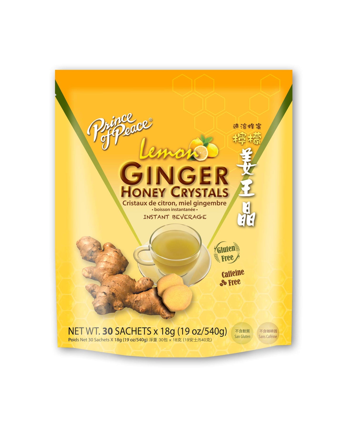 Prince of Peace Instant Lemon Ginger Honey Crystals, 30 Sachets - Instant Hot or Cold Beverage - Easy to Brew Ginger and Honey Crystals
