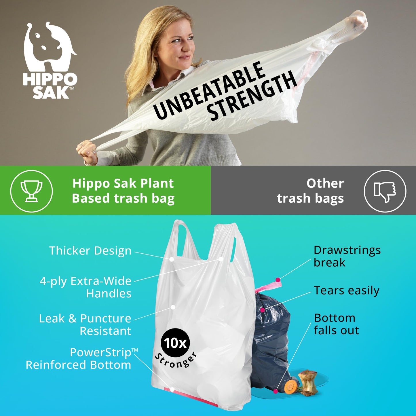 Hippo Sak - Plant Based Tall Kitchen Garbage Bags with Ergonomic Handles - 13 Gallon Trash Bags - Recyclable & Eco Friendly - Super Strong and Leak