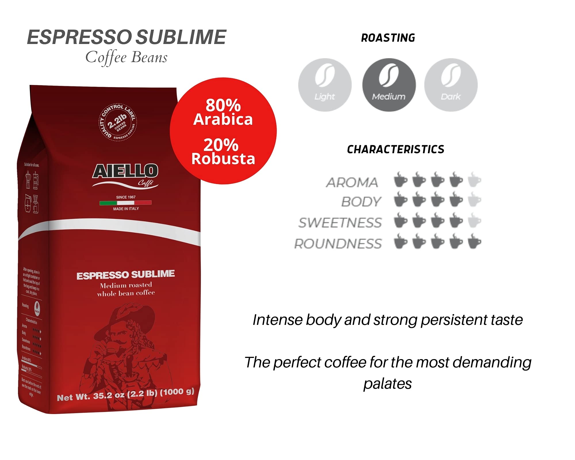 Aiello Caffe Italian Espresso Coffee Beans 2.2 LB Bag, Medium Whole Bean Coffee Freshly Roasted and Blended in Southern Italy Sublime