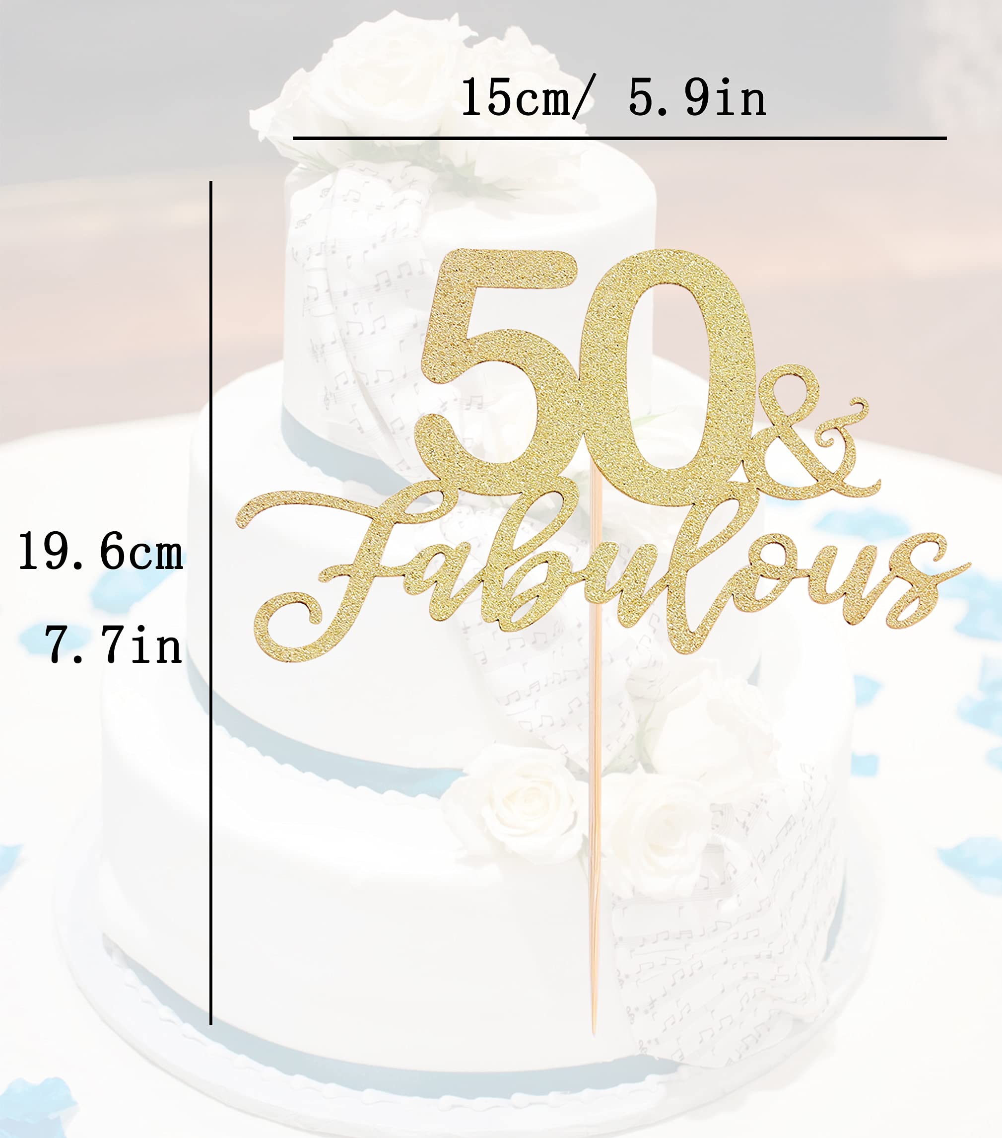 AHAORAY 50 Fabulous Cake Topper, Premium Gold Glitter Cardboard Cake Decoration for 50th Happy Birthday Party - Fifty and Fabulous Cake Topper