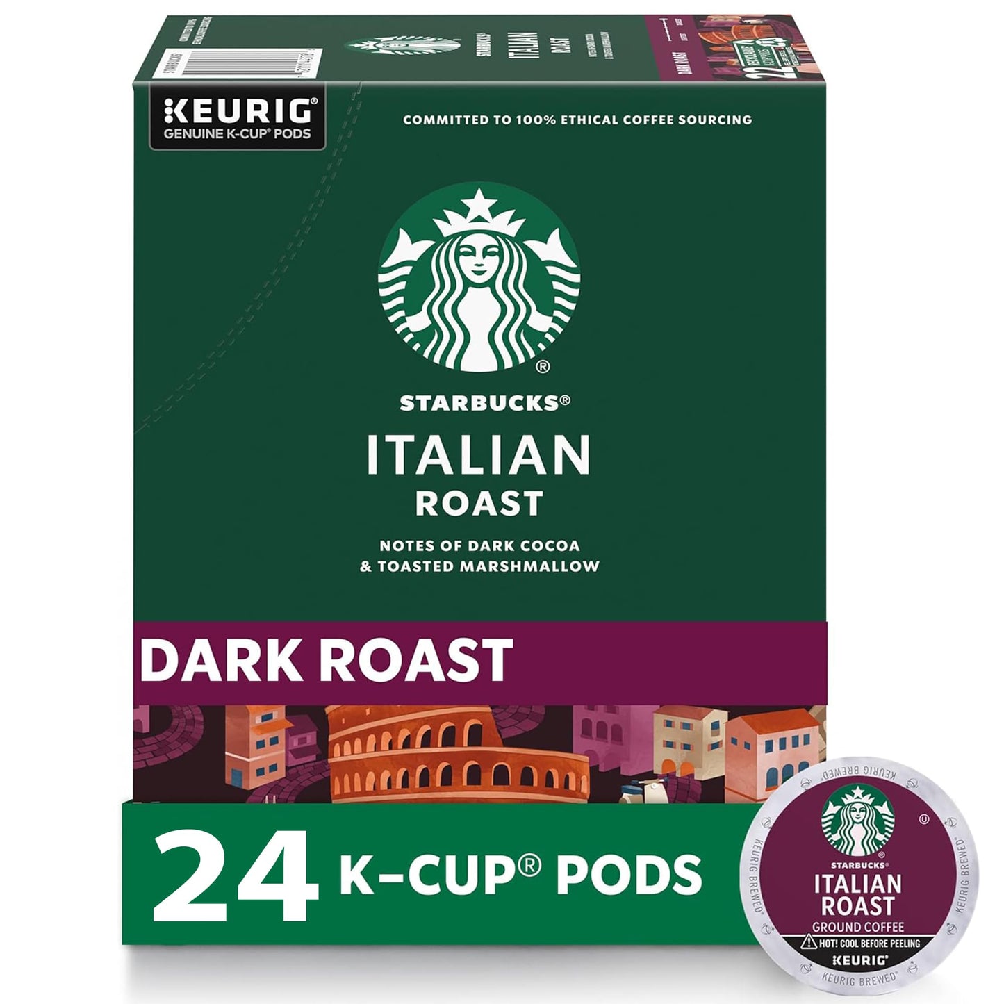 Starbucks K-Cup Coffee Pods, Dark Roast Coffee, Italian Roast for Keurig Brewers, 100% Arabica (24 pods total)