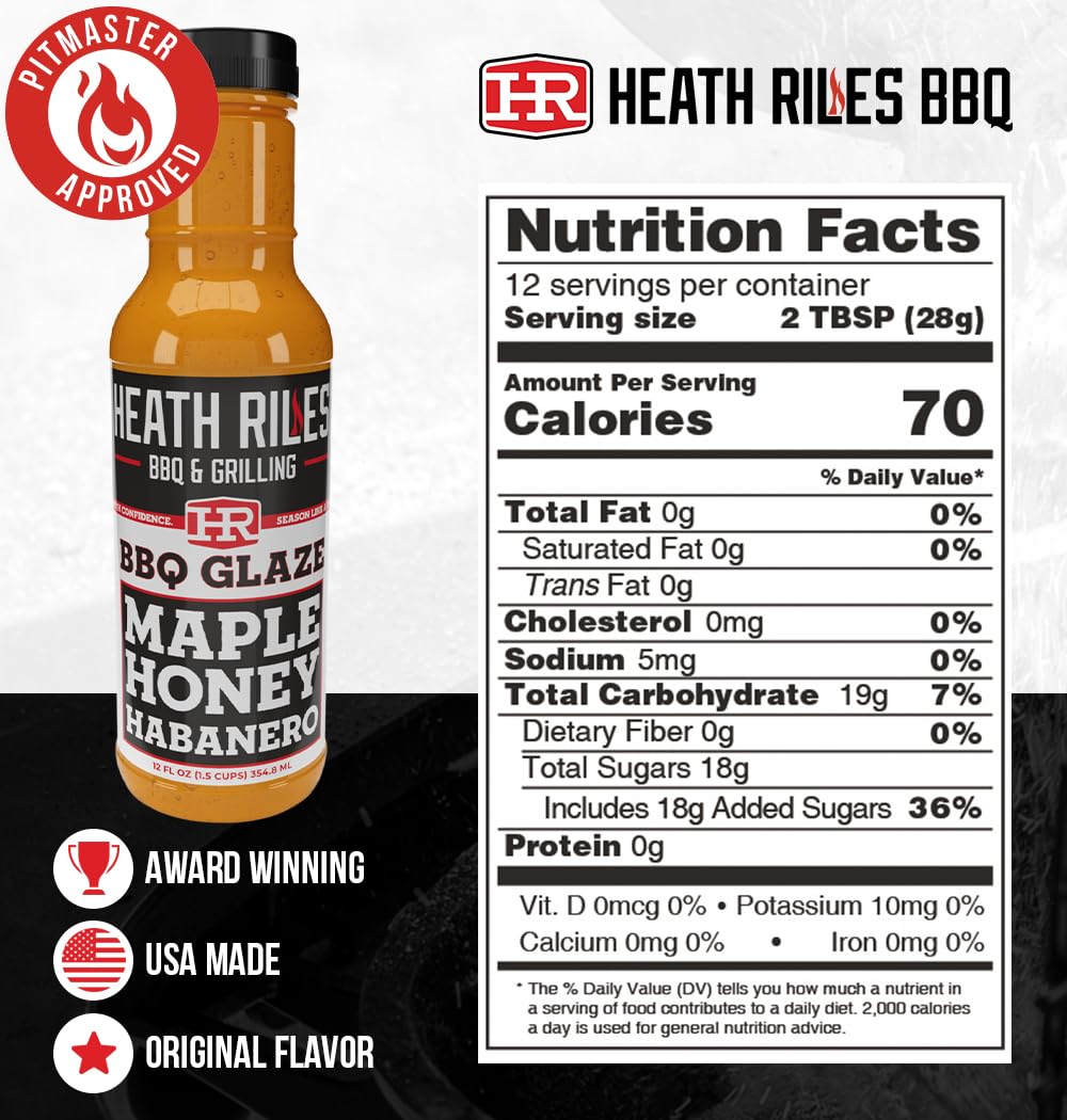 Heath Riles BBQ Maple Honey Habanero BBQ Glaze - Bold Rib Glaze with Maple, Honey & Heat, Great on Pork, Ribs or Ham - 80+ BBQ Championships, 12 oz