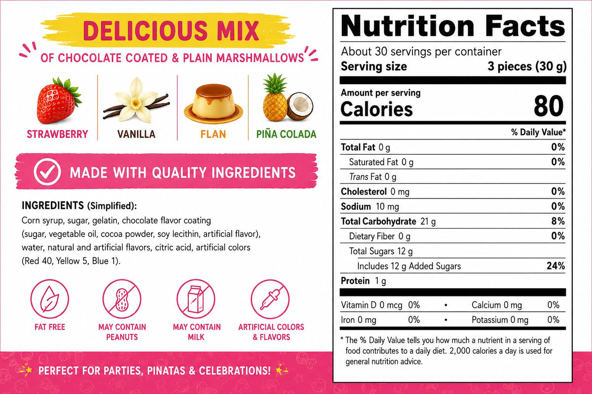 Piñata Bonbom Mexican Marshmallow Candy Mix, 2 lb (910g), 4 Flavors, Individually Wrapped Party Candy