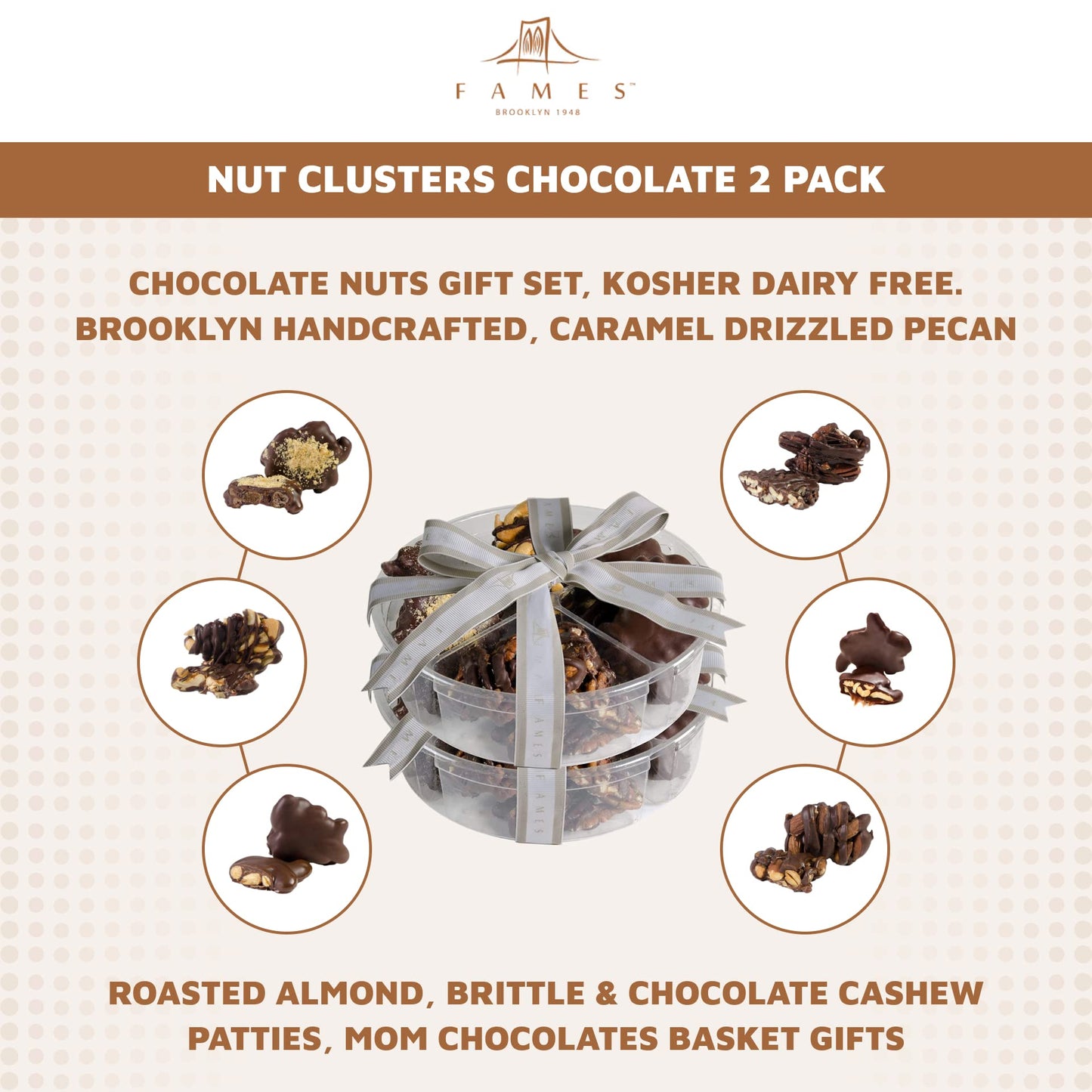 Nut Clusters Chocolates 2 Pack - Chocolate Nuts Gift Set, Kosher Dairy Free. Brooklyn Handcrafted, Caramel Drizzled Pecan, Roasted Almond, Brittle