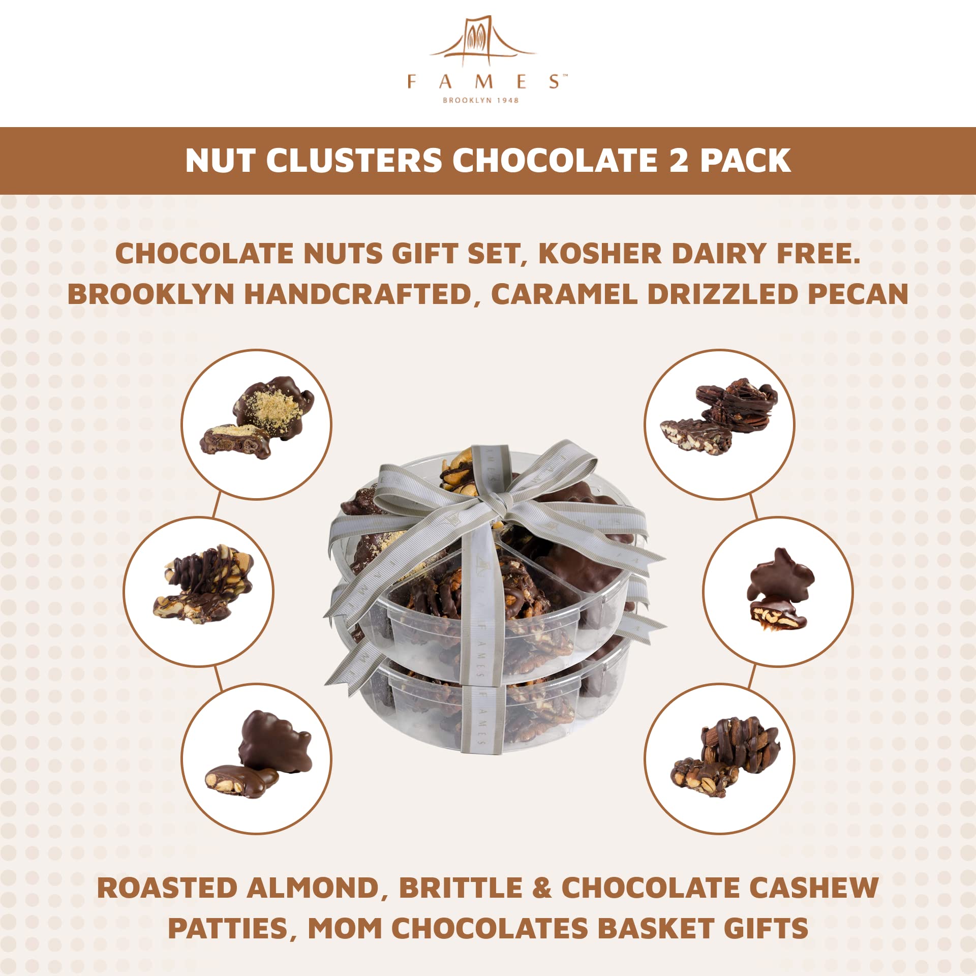 Nut Clusters Chocolates 2 Pack - Chocolate Nuts Gift Set, Kosher Dairy Free. Brooklyn Handcrafted, Caramel Drizzled Pecan, Roasted Almond, Brittle