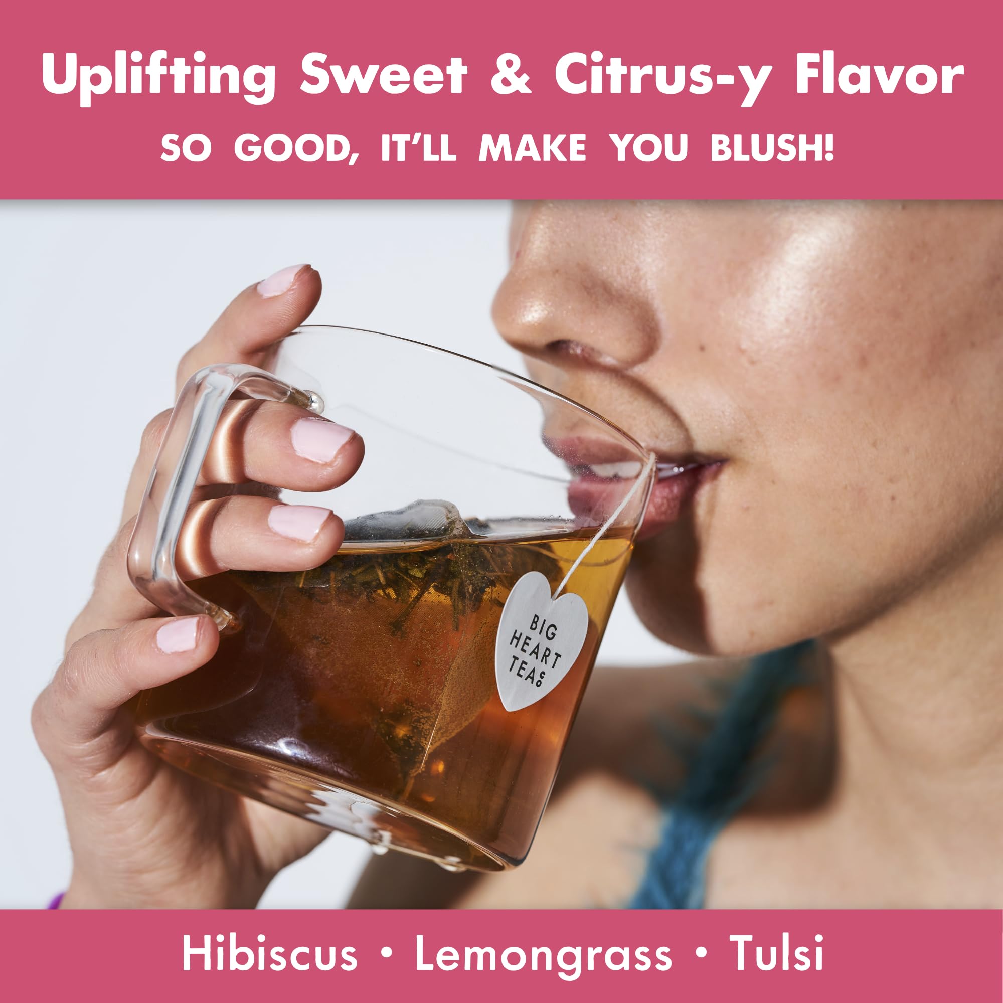 Big Heart Tea Co. Tea Bags - Blushing Pink Hibiscus - Certified Organic, Naturally Sweet Ayurvedic Herbal Decaf Tea with Small Batch Ground Herbs