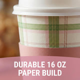 Fun Express 5 1/2" 16 oz. Sage & Pink Plaid Disposable Paper Coffee Cups with Lids & Sleeves - 12 Count