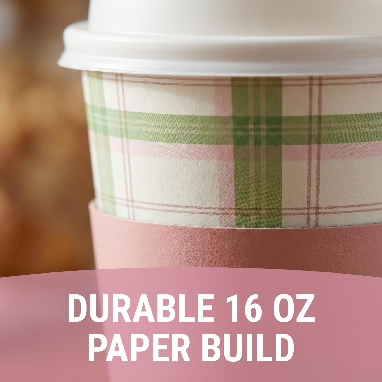 Fun Express 5 1/2" 16 oz. Sage & Pink Plaid Disposable Paper Coffee Cups with Lids & Sleeves - 12 Count