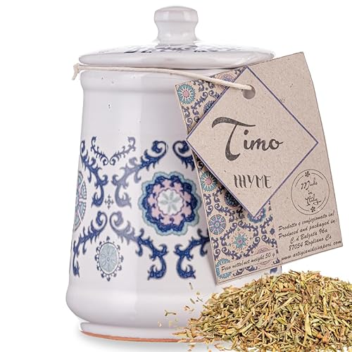 Dried Thyme in Italian ceramic jar, herbs and seasoning gifts, jars with spices included, product of Italy, 0.7 oz. Artigiani dei Sapori
